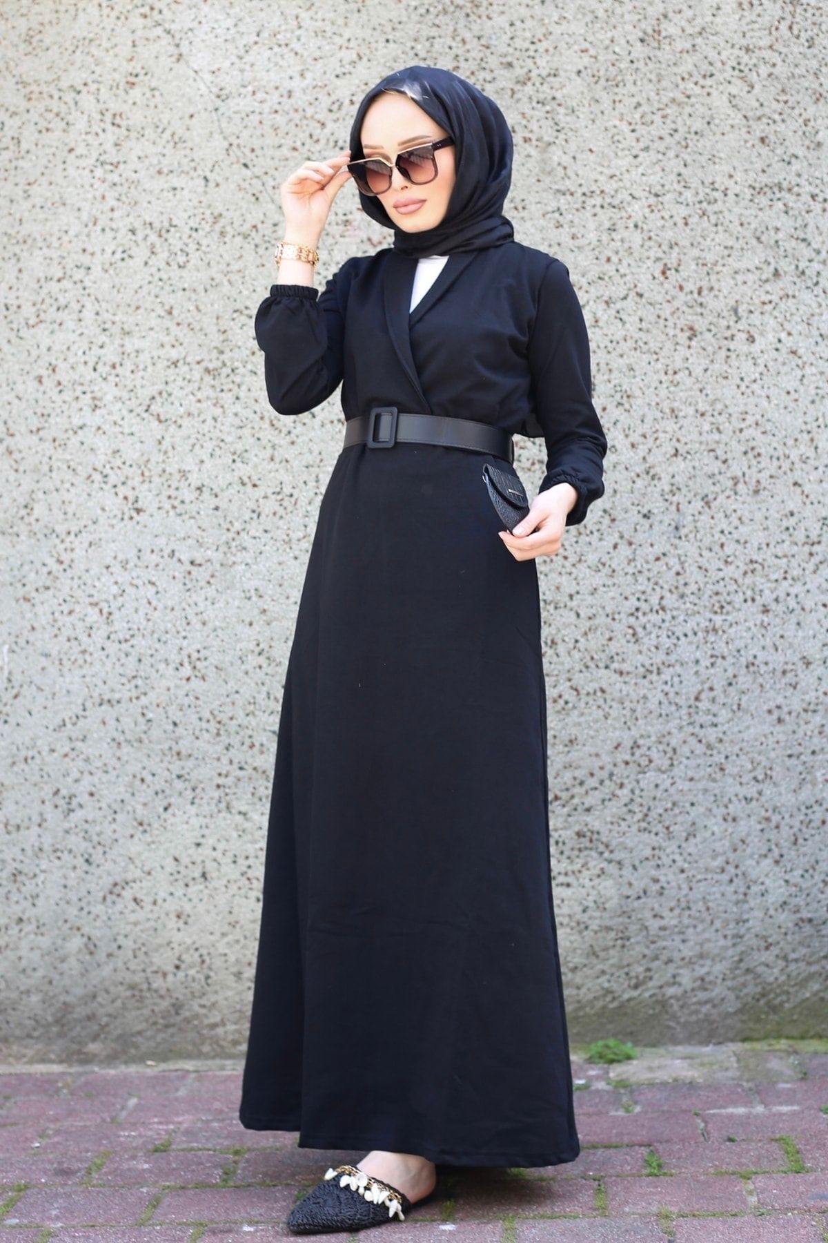 Festmoda Kadın Siyah Uzun Kol Düz Kemer-elbise