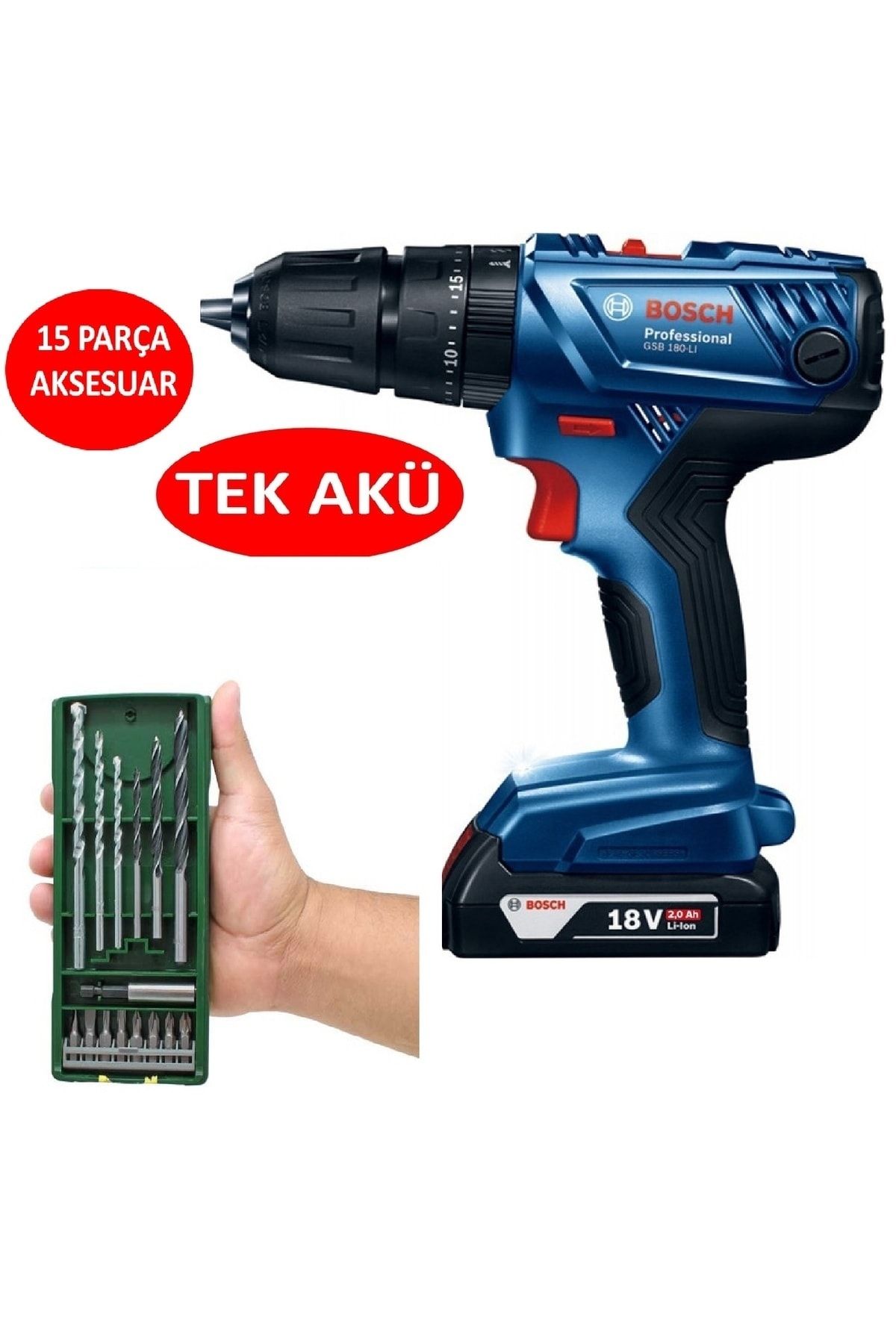 Bosch Tek Akülü Darbeli Matkap 18v Akülü Vidalama Şarjlı Matkap + 15 Parça Matkap Ucu Vidalama Ucu