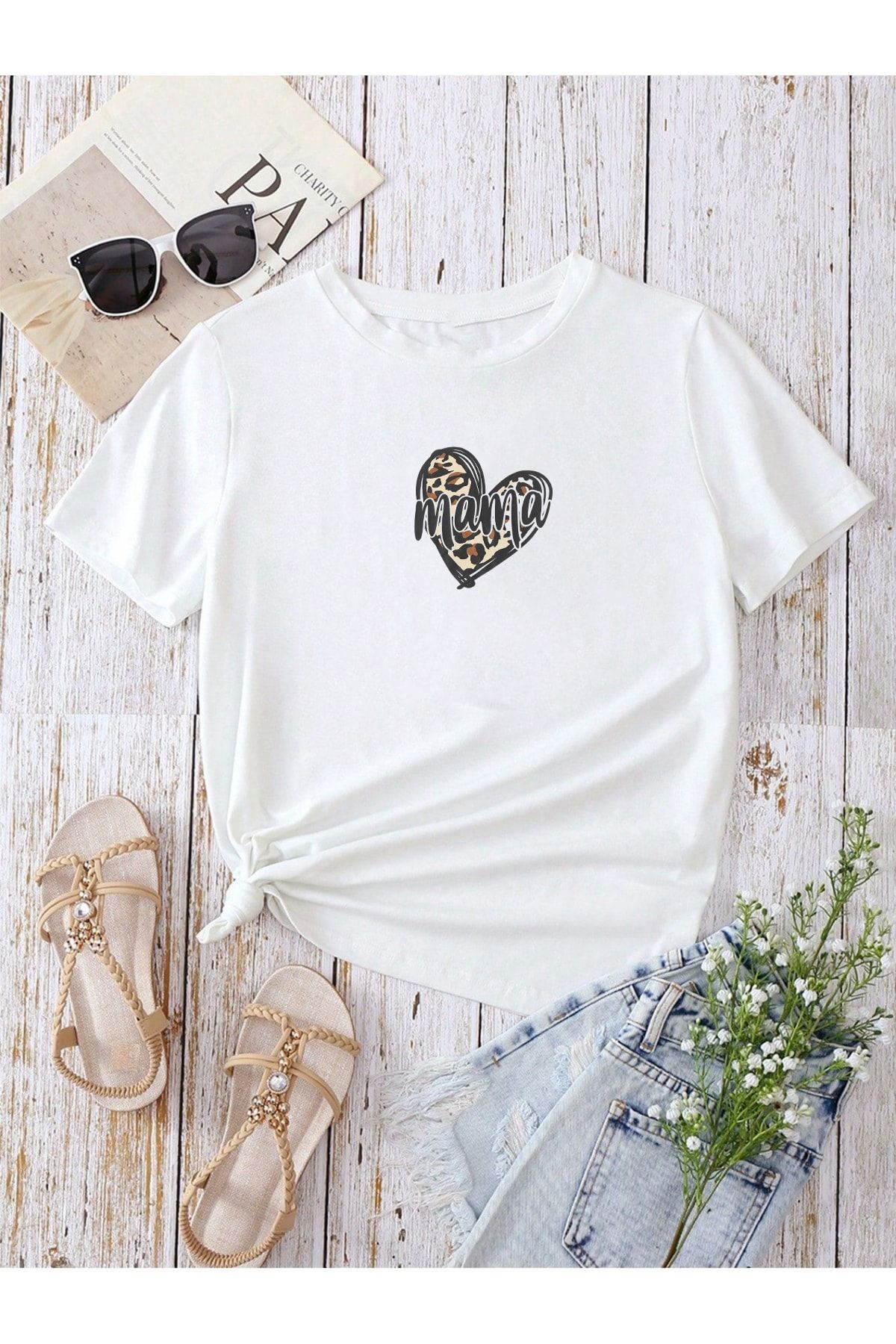 DUBU BUTİK Hamile Gebe T-shirt Mama Kalp Baskılı - Beyaz Bisiklet Yaka Oversize Tişört