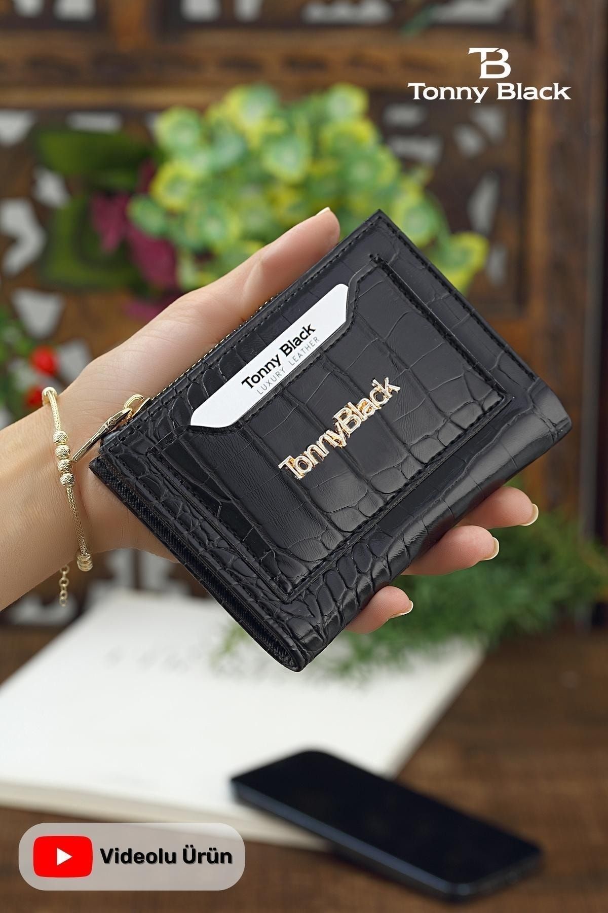 Tonny Black Orijinal Kadın Kartlıklı Kağıt & Bozuk Para Bölmeli Timsah Croco Model Şık Mini Kartlık Cüzdan