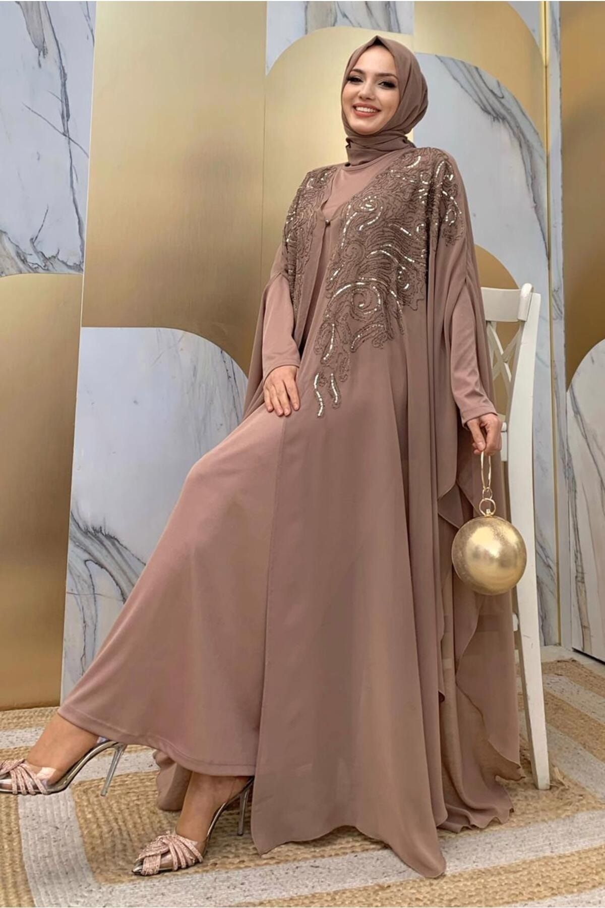 TRENDTESETTÜR Kadın Vizon Pul Payet Işlemeli Pelerinli Abiye Elbise T 3773