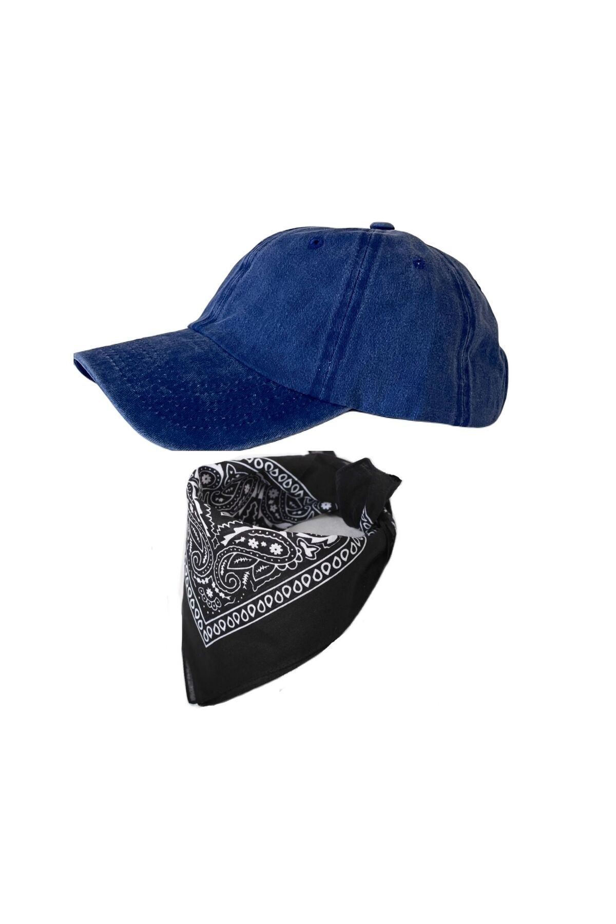 Rupen Kraft Yeni Sezon Bandana KombinliDüz Mavi Renk Yıkamalı Eskitme Şapka Vintage Şapka