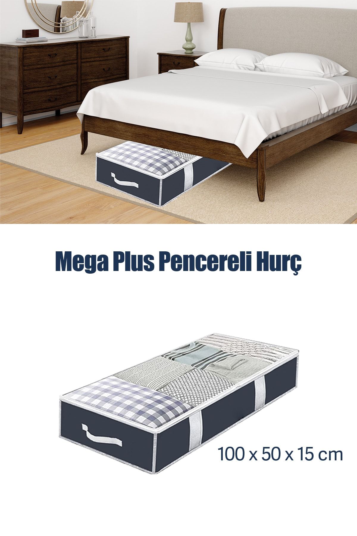 Meleni Home Mega Plus Pencereli Hurç - Baza Altı Yorgan Yastık Kıyafet Saklama Hurcu 100x50x15cm