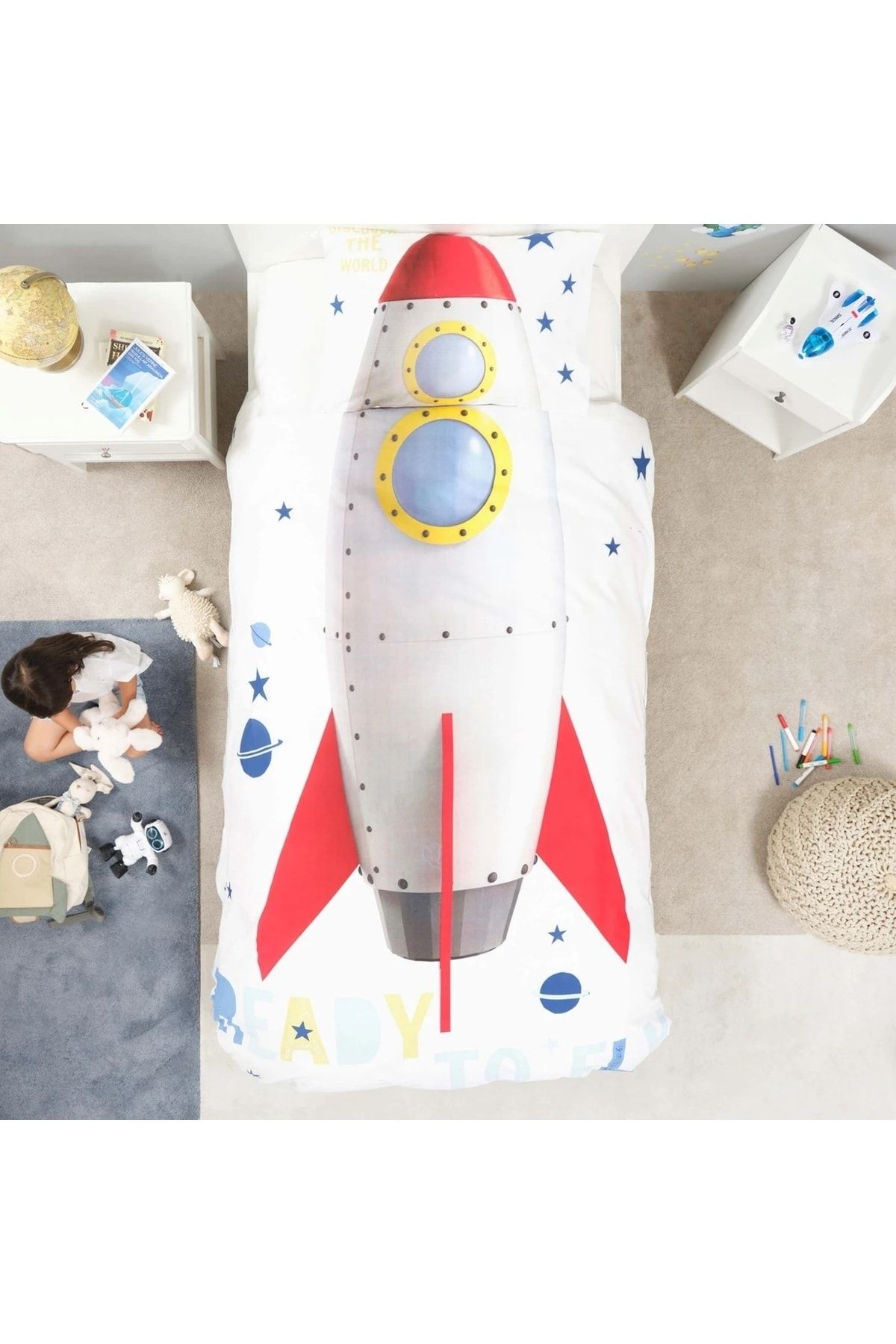 Jungle Pamuk Uzay Roket Desenli Çocuk Odası Erkek Çocuk Nevresim Takımı