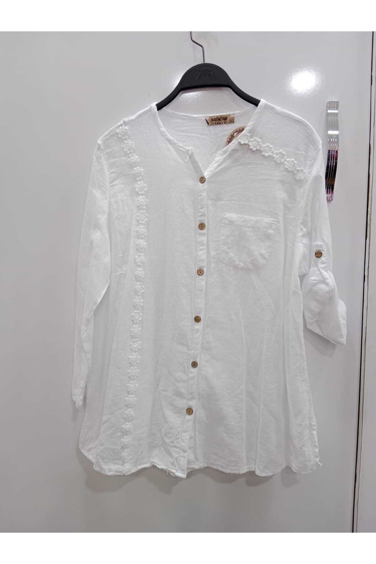 NUR TEKSTİL Kadın Beyaz %100 Pamuk Uzun Kol Dantel Işlemeli Cepli Gömlek