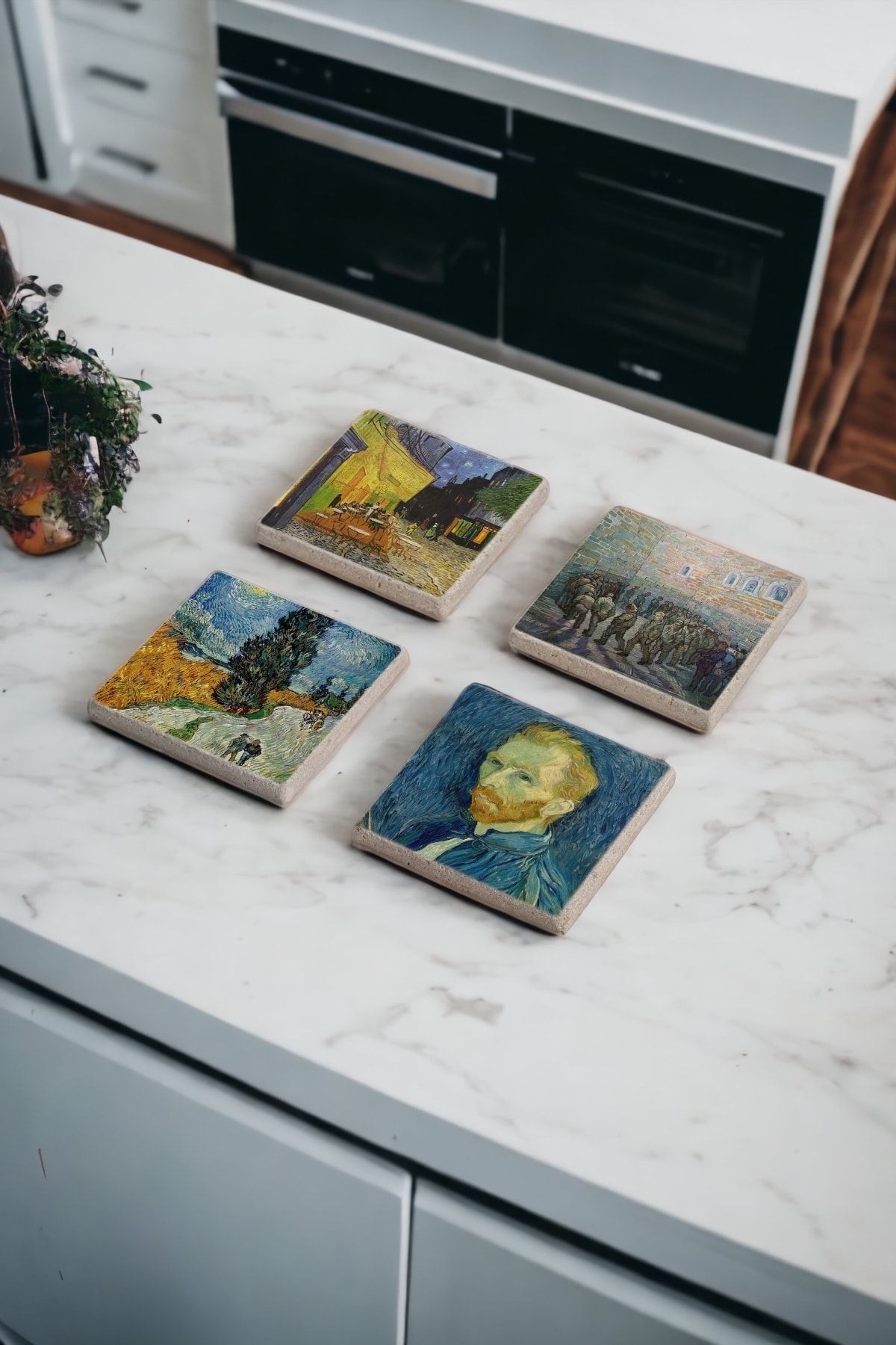 Baumatelier Vincent Van Gogh Tabloları Doğal Taş Traverten Bardak Altlığı 4 Lü Set
