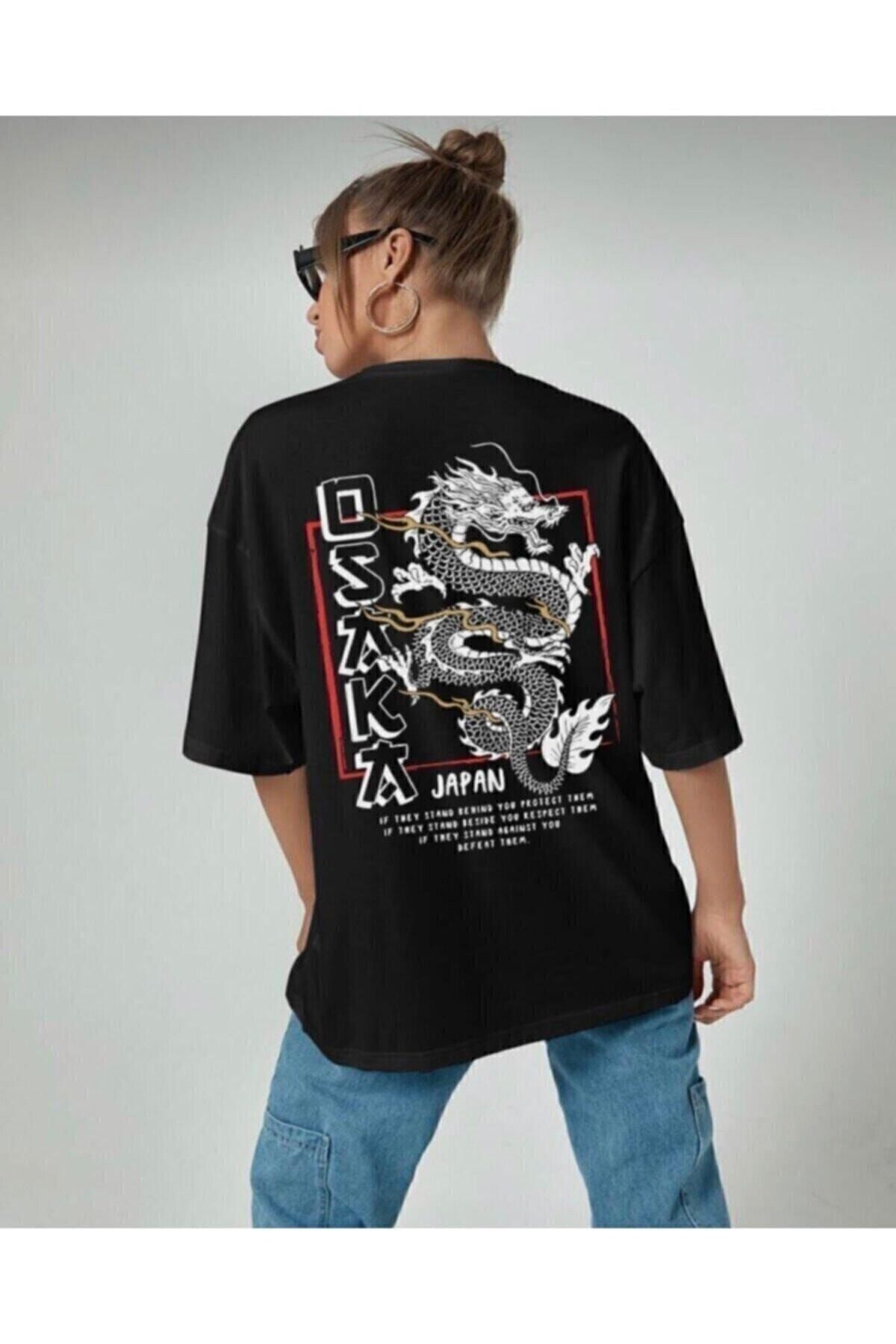 arıkoğlu kumaşçılık Siyah Osaka Baskılı Oversize Penye T-shirt