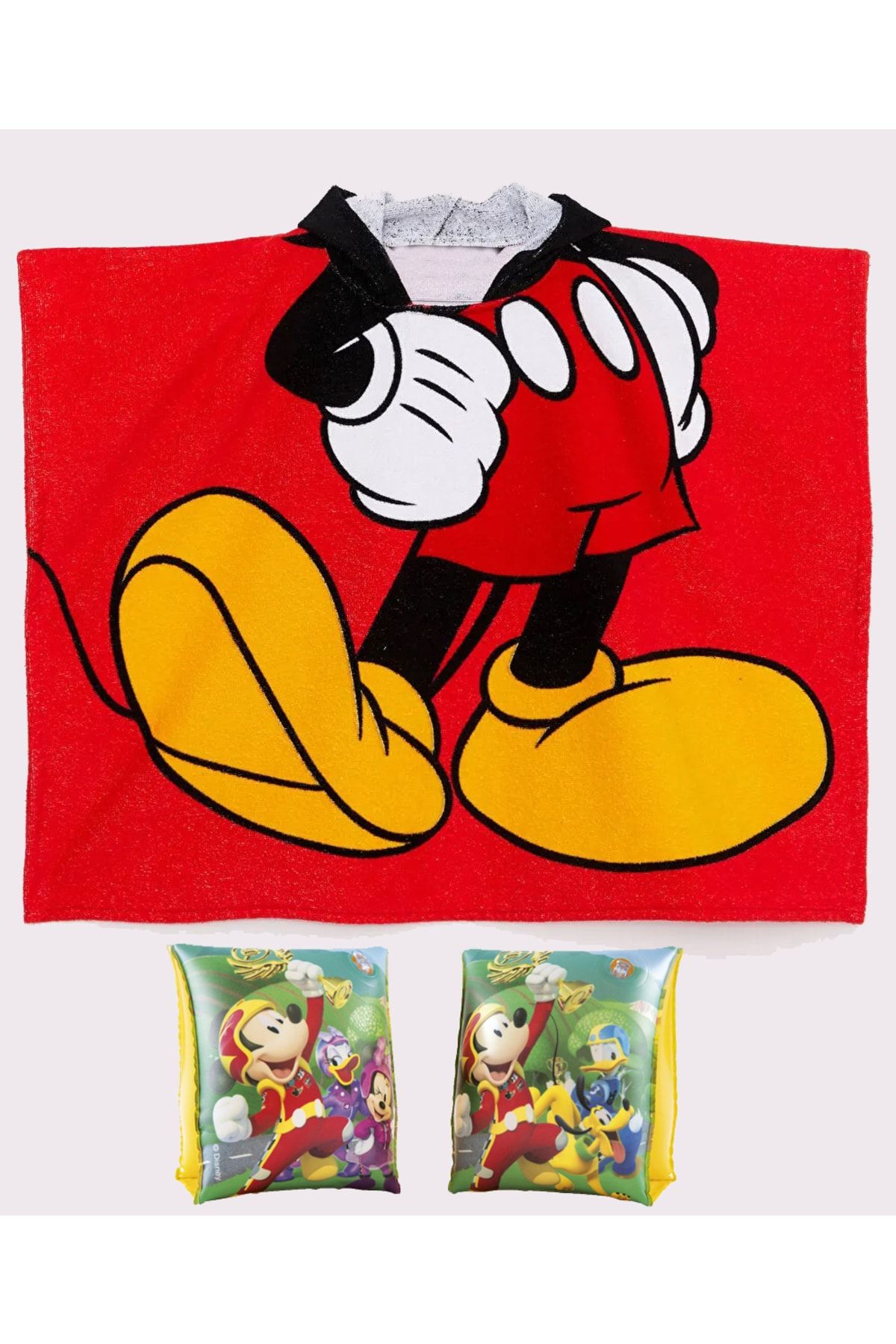 Mickey Mouse Lisanslı Mickey Erkek Çocuk Panço Plaj Havlusu + Kolluk Set (%100 Pamuk)