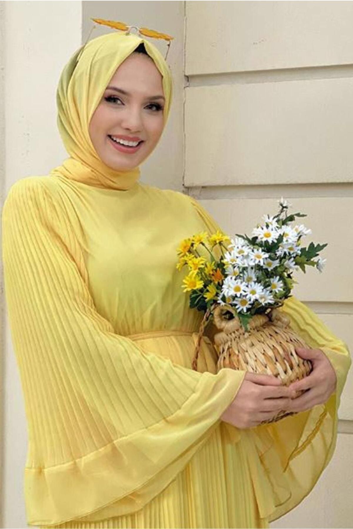 TRENDTESETTÜR Kadın Sarı Piliseli Kuşaklı Elbise T 4043