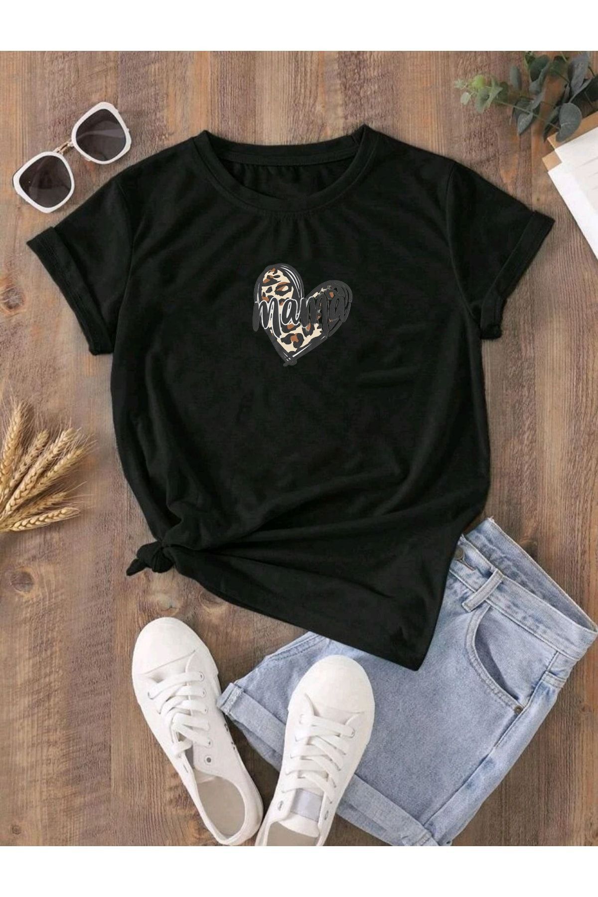 DUBU BUTİK Hamile Gebe T-shirt Mama Kalp Baskılı - Siyah Bisiklet Yaka Oversize Tişört