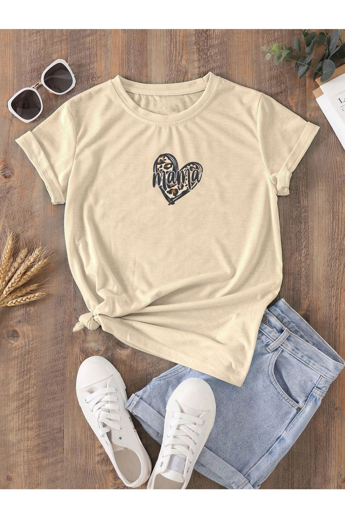 DUBU BUTİK Hamile Gebe T-shirt Mama Kalp Baskılı - Vizon Bisiklet Yaka Oversize Tişört