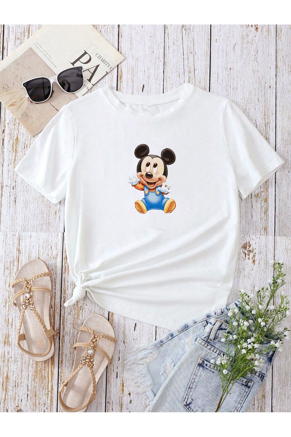DUBU BUTİK Hamile Gebe T-shirt Bebek Mickey Mouse Baskılı - Beyaz Bisiklet Yaka Oversize Tişört