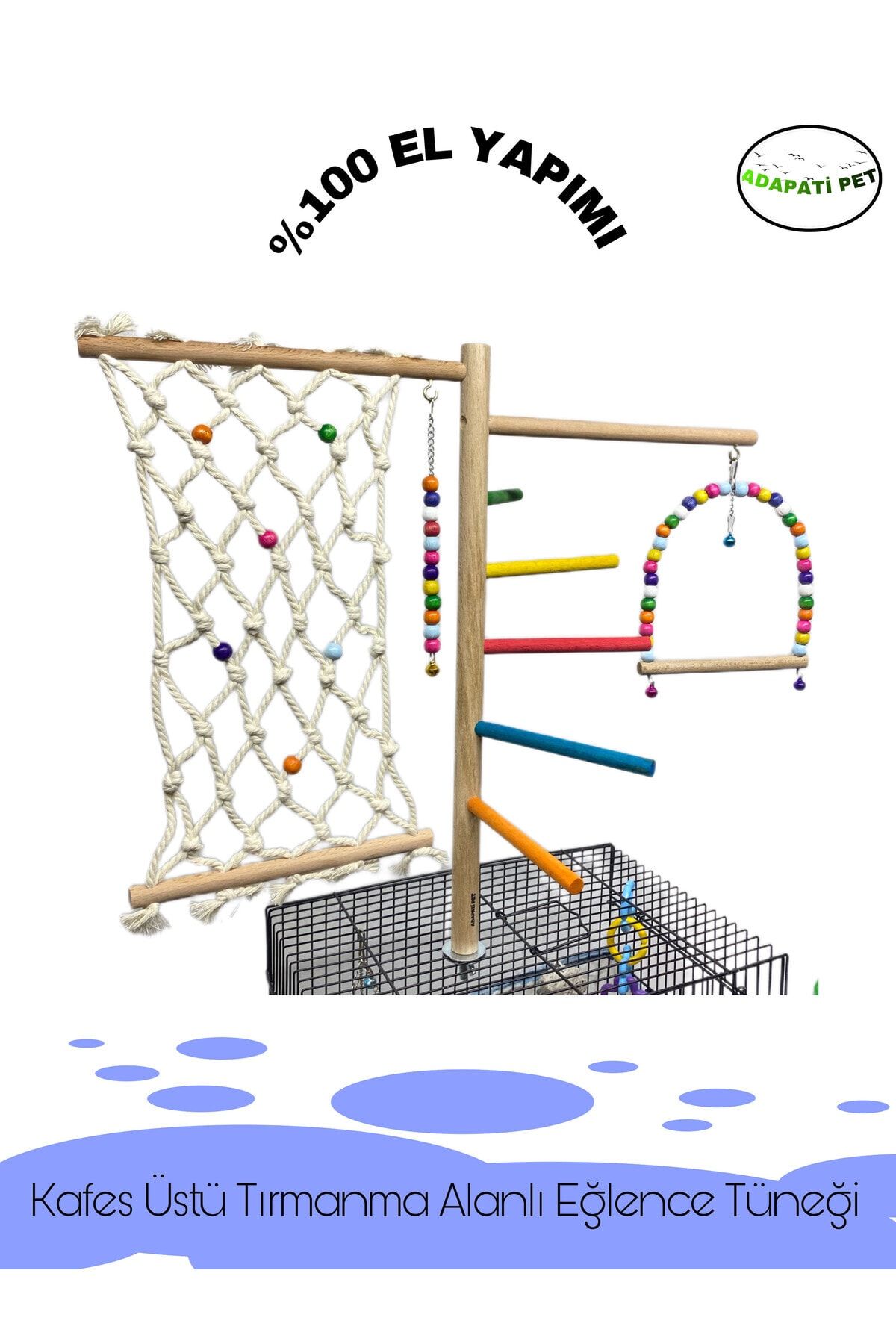 ADAPATİ PET El Yapımı Boncuk Salıncaklı Papağan Kafes Üstü Tünek