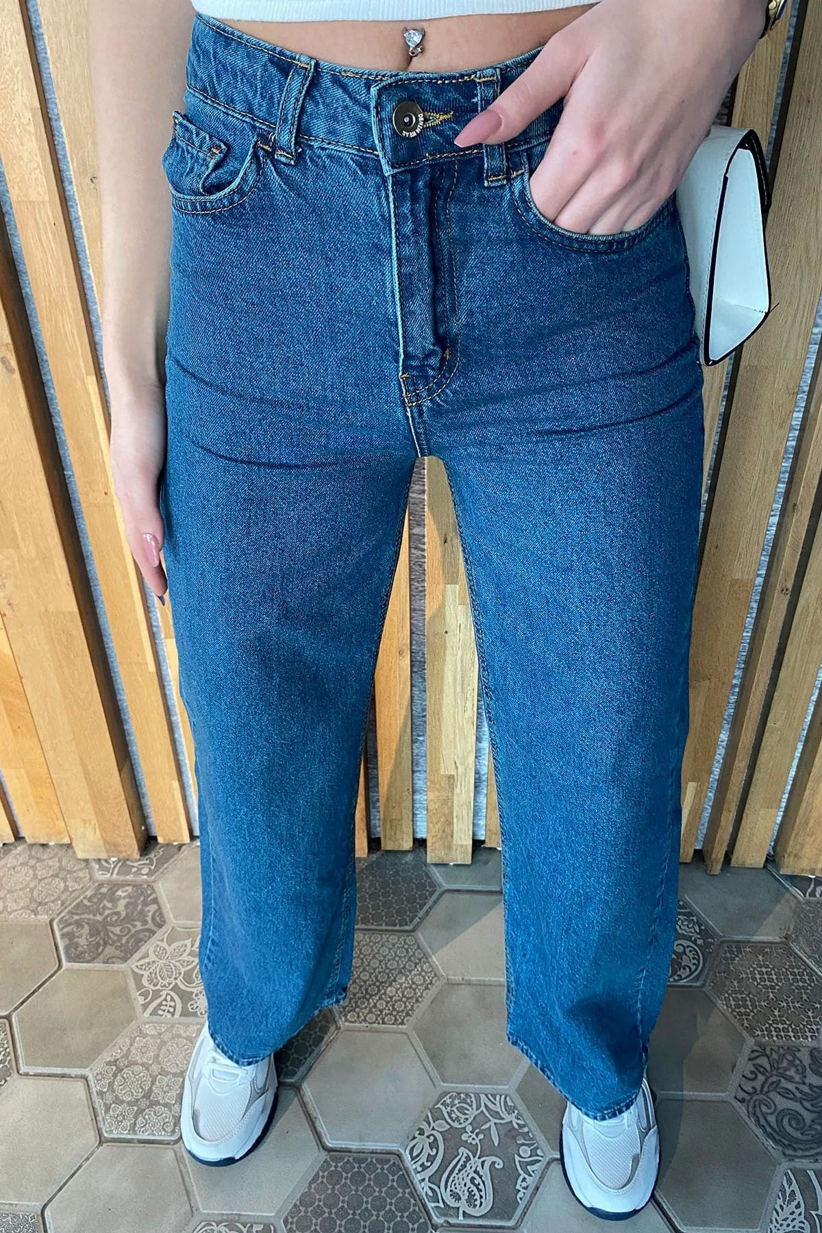 byhaziran butik ME-VA Kadın Likralı Koyu Mavi Bol Paça Kot Pantolon-Esnek Belli Toparlayıcı Kot Pantolon