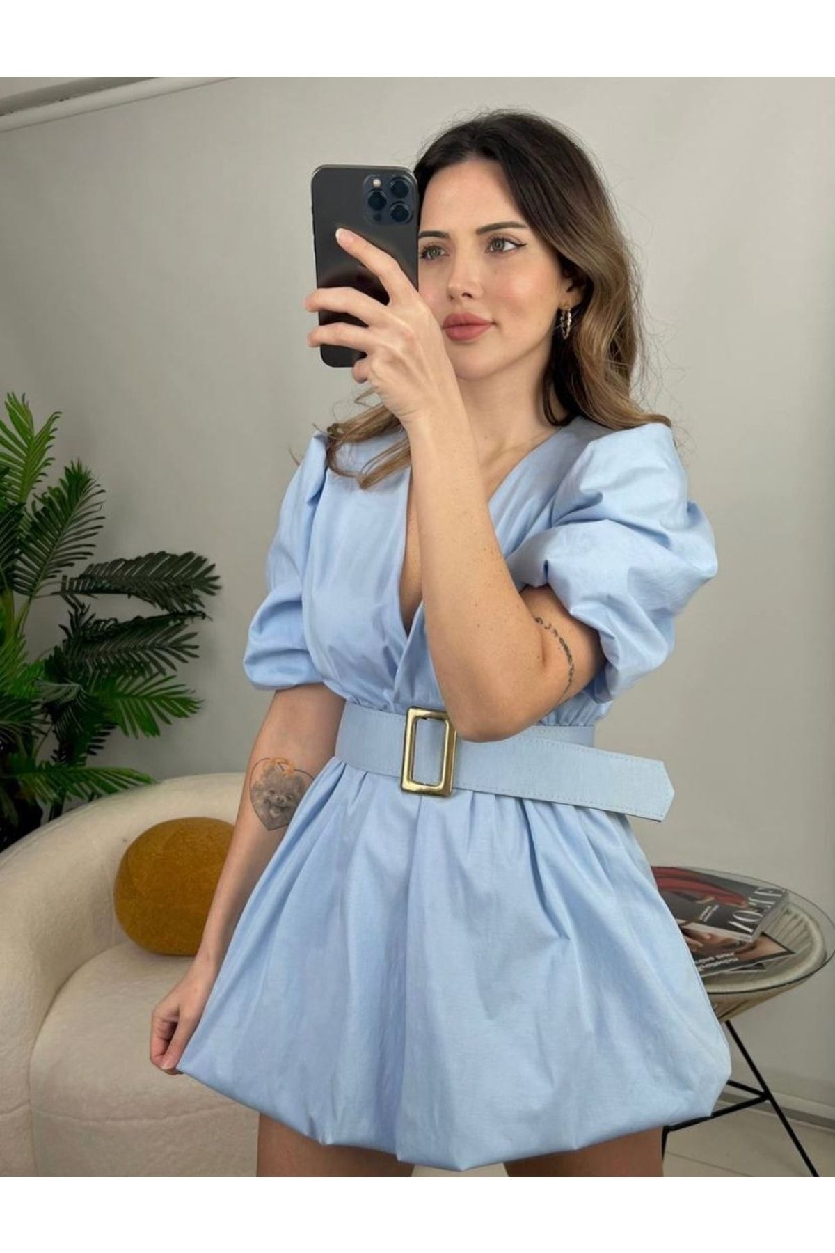 Caramel Butik Mavi Balon Kadın Elbise(KEMERSİZ)