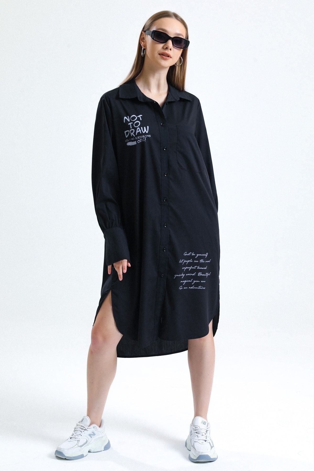 MD trend Kadın Siyah Baskılı Balon Kollu Oversize Gömlek Tunik