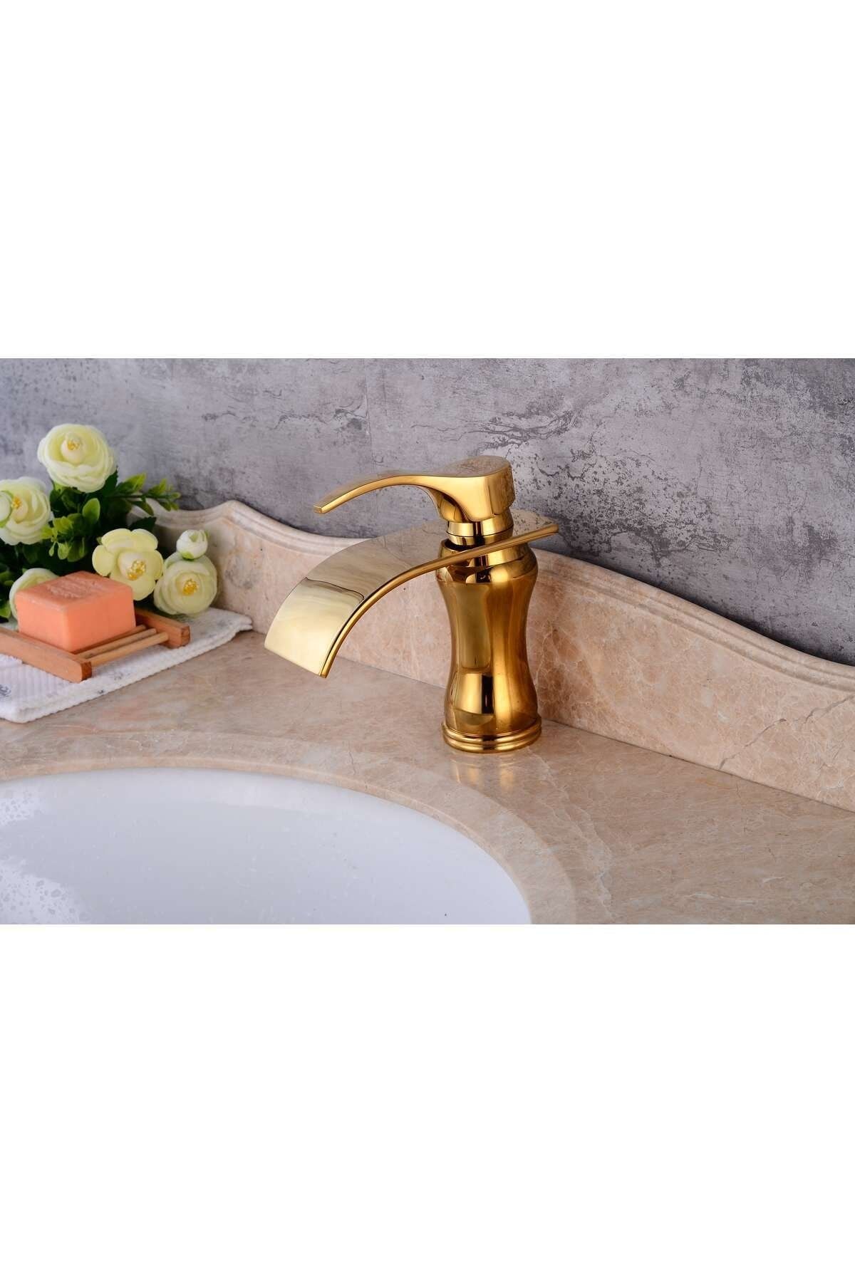 Anunnaki Gold Altın Dore Şelale Modern Tezgah Üstü Banyo Lavabo Bataryası