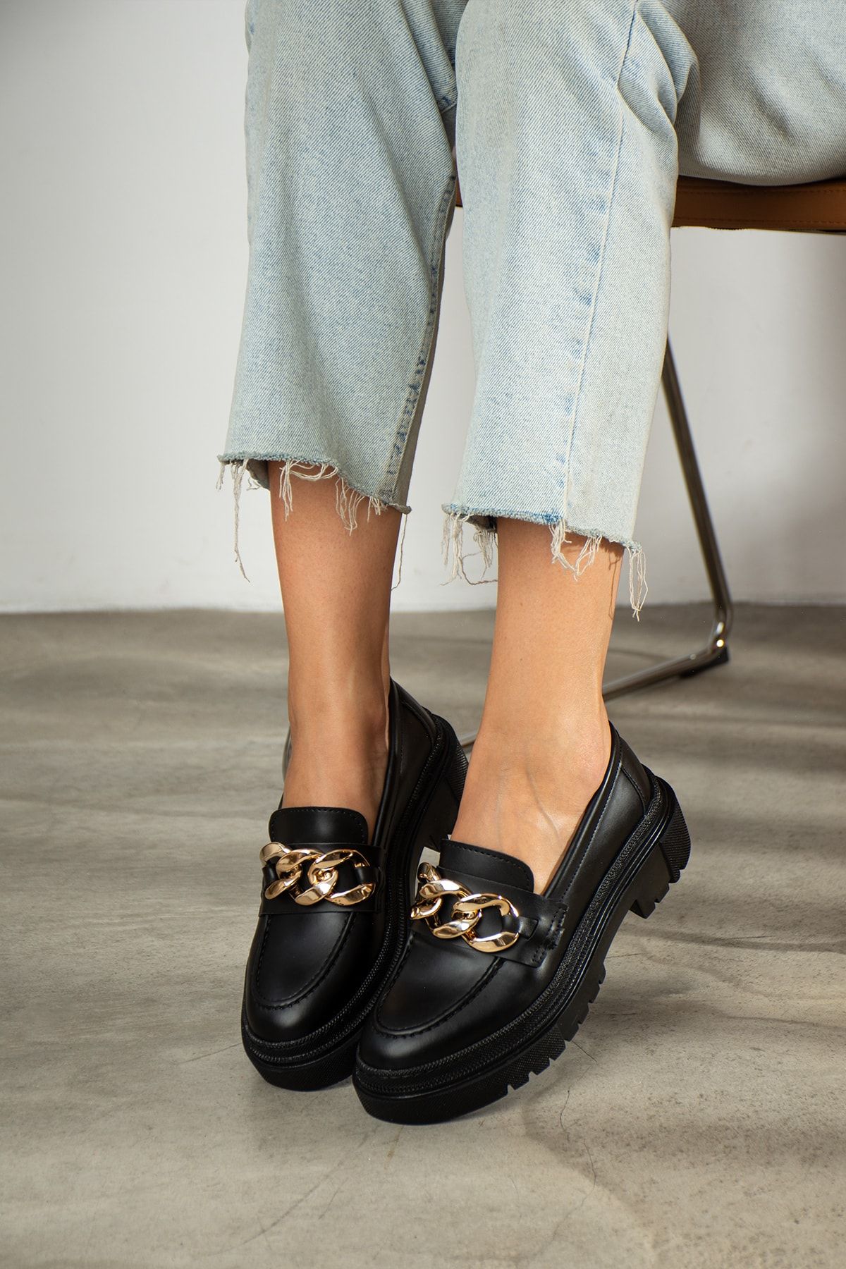 Wenti Shoes Zincirli Siyah Cilt Kalın Taban Loafer Ayakkabı
