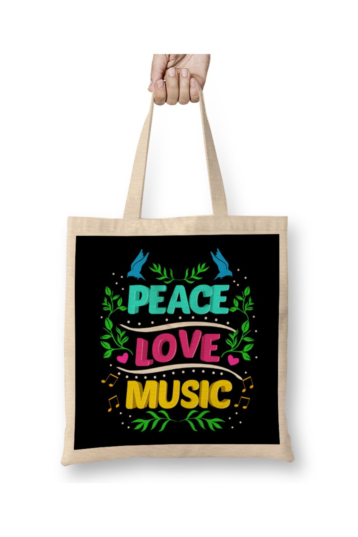 Baskı Dükkanı Cute Peace Love Music Hippie Hipster Festival Bez Çanta Uzun Saplı