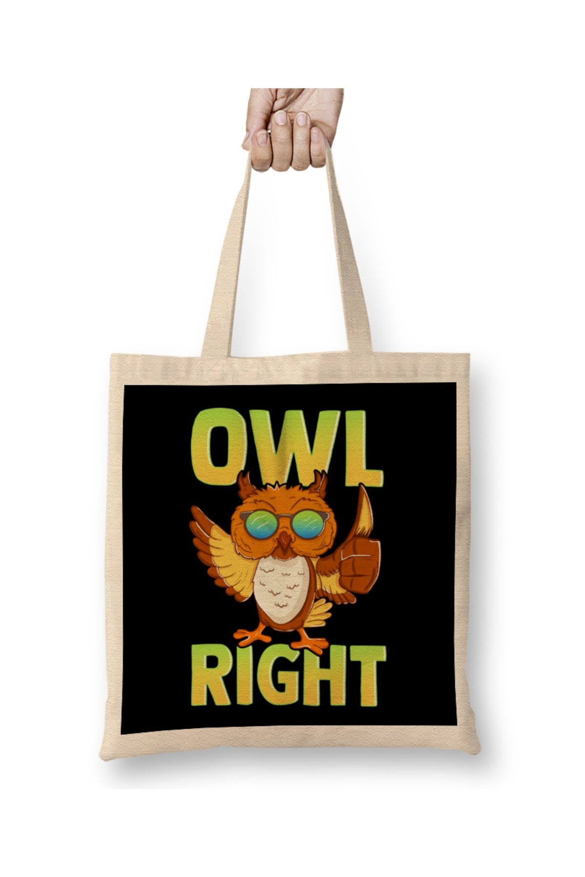 Baskı Dükkanı Funny Owl Right Thumbs Up Hippie Cute Alright Pun Bez Çanta Uzun Saplı