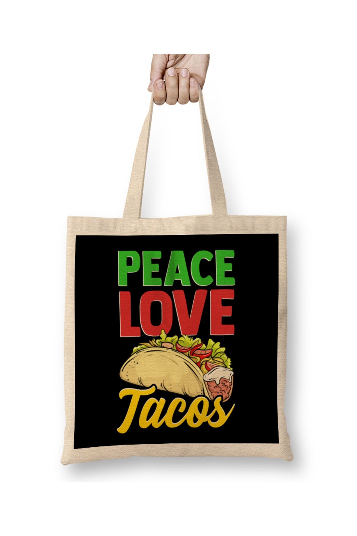 Baskı Dükkanı Cute & Funny Peace Love Tacos Pacifist Food Bez Çanta Uzun Saplı