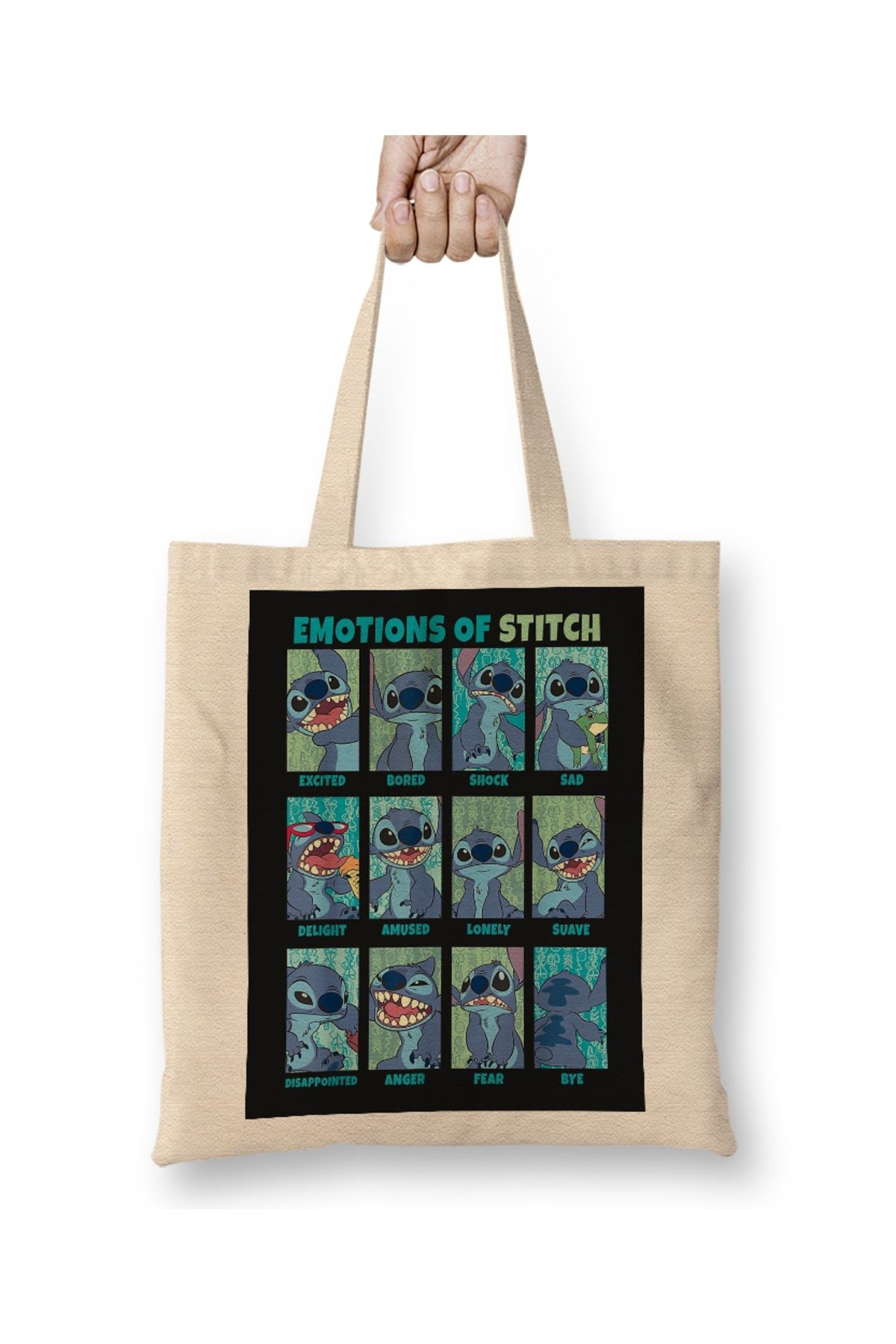 Baskı Dükkanı Disney Lilo Stitch Emotions Of Stitch Panels Bez Çanta Uzun Saplı