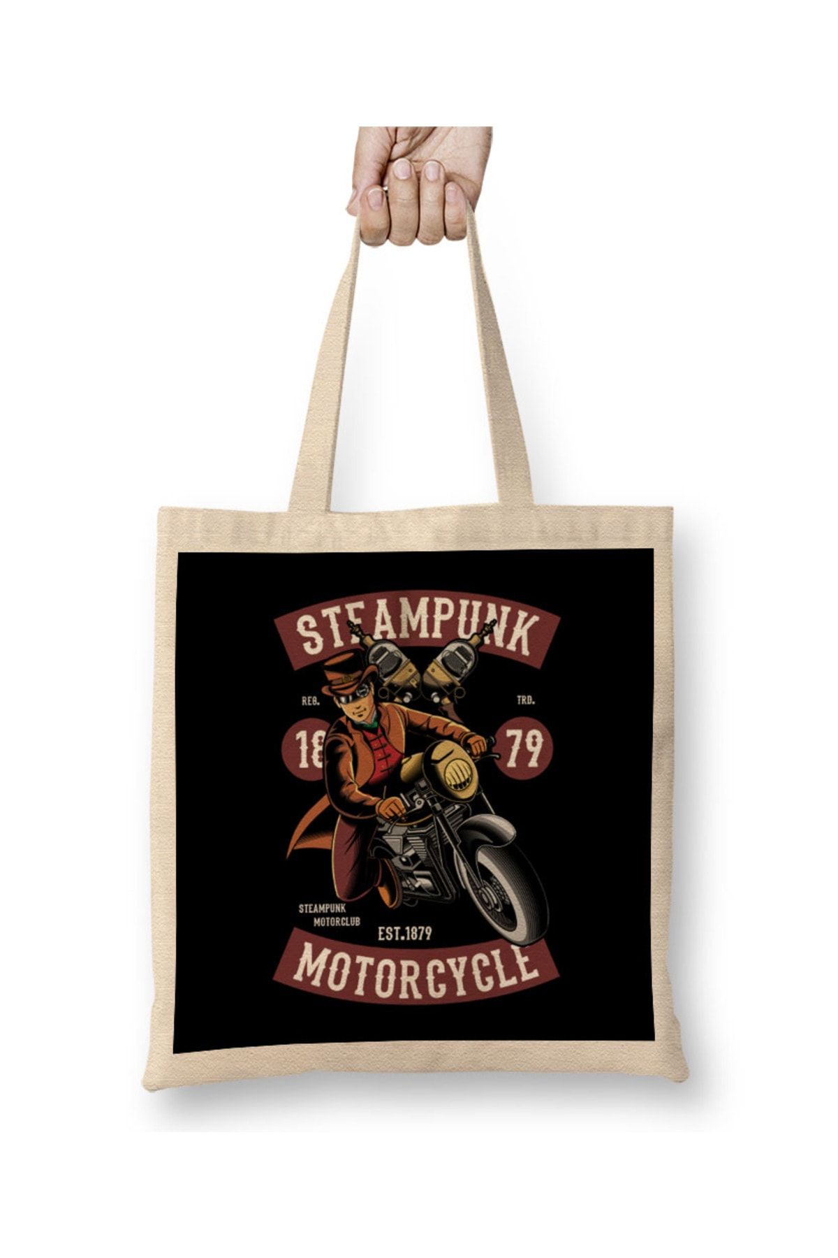 Baskı Dükkanı Steampunk Motorcycle Bez Çanta Uzun Saplı
