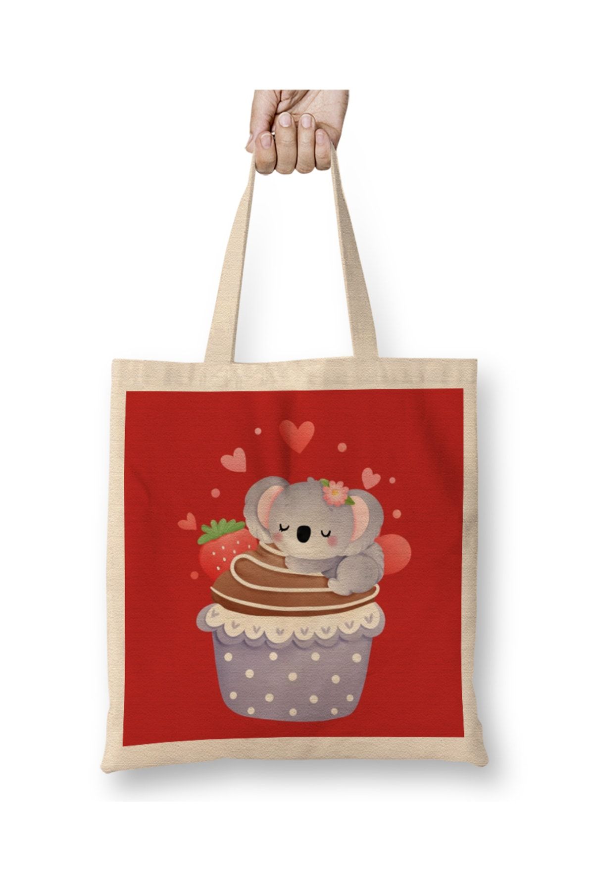 Baskı Dükkanı Valentines Koala with Cupcake Bez Çanta Uzun Saplı
