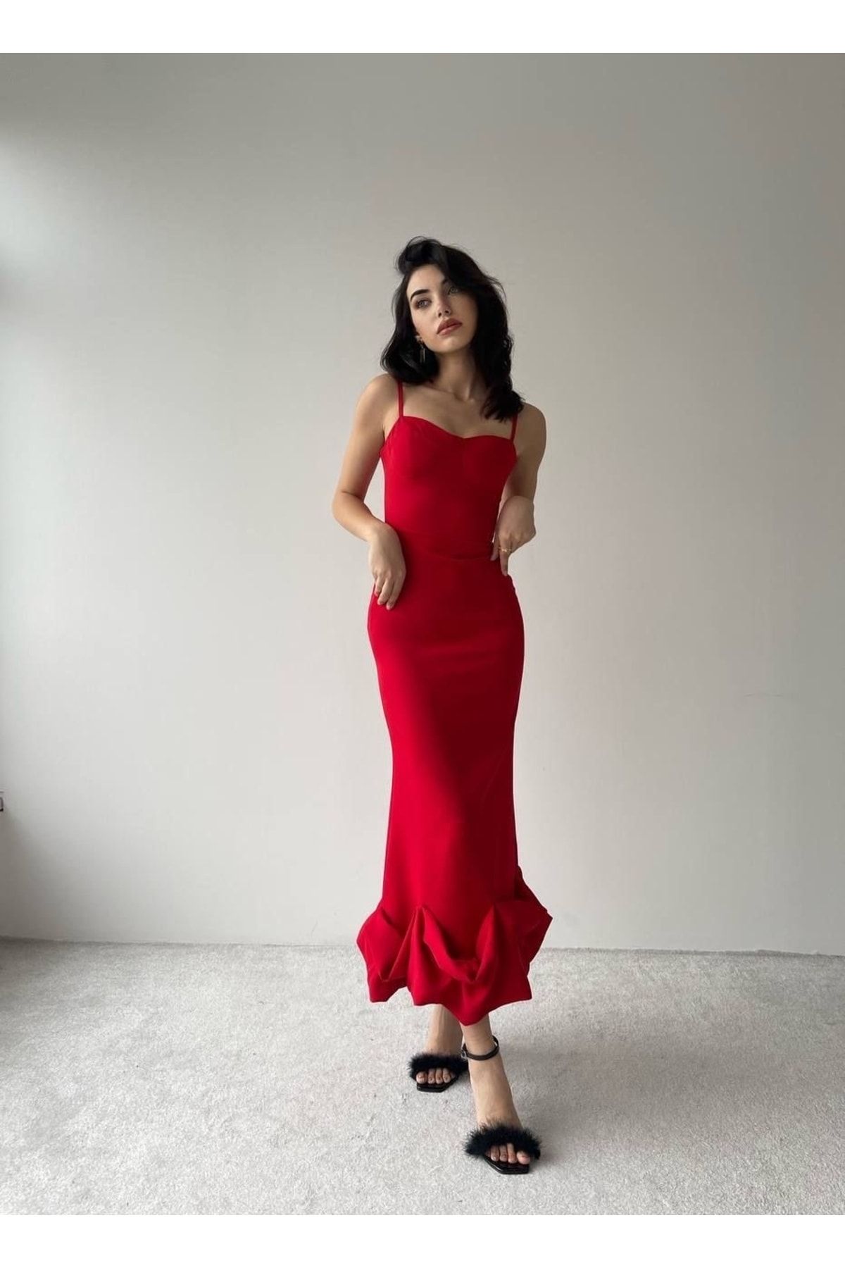 conconmoda Askılı Midi Atlas Elbise