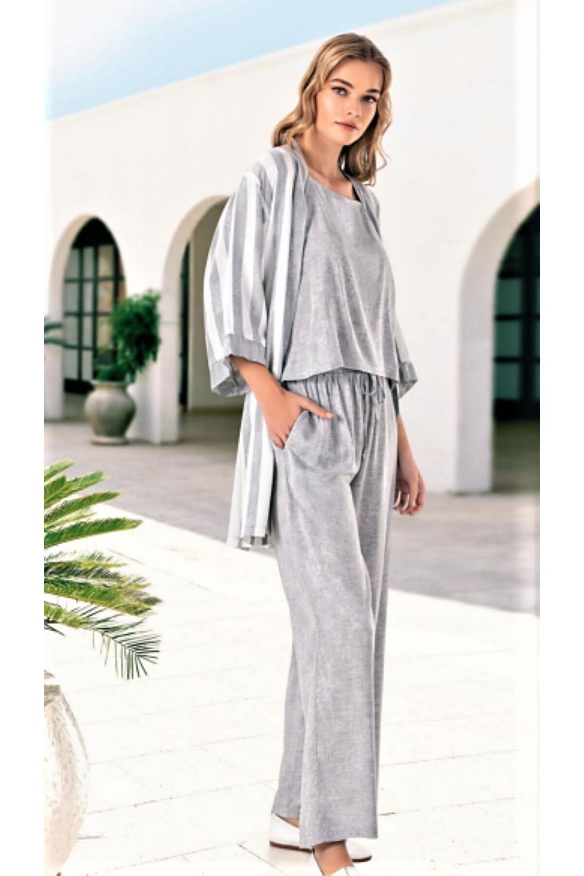 Flz Pijama Kadın İp Askılı Ceketli Yazlık Üçlü Takım GRİ