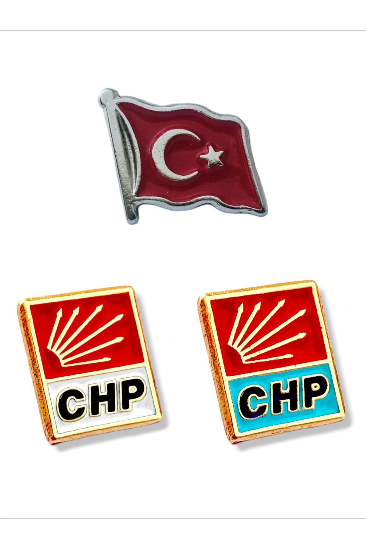 YÖRÜK TASARIM Türk Bayrağı & CHP 3 Adet Yaka Rozeti (2CHP,1Tütk Bayrağı)