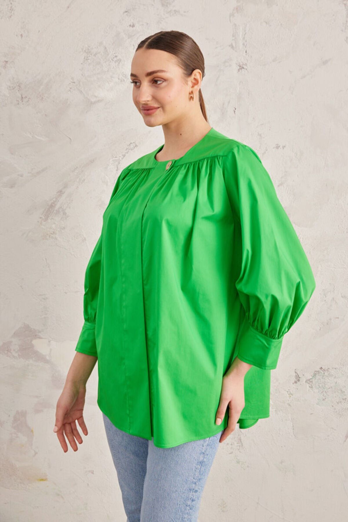 Aker Yeşil Robadan Büzgülü Cotton Bluz