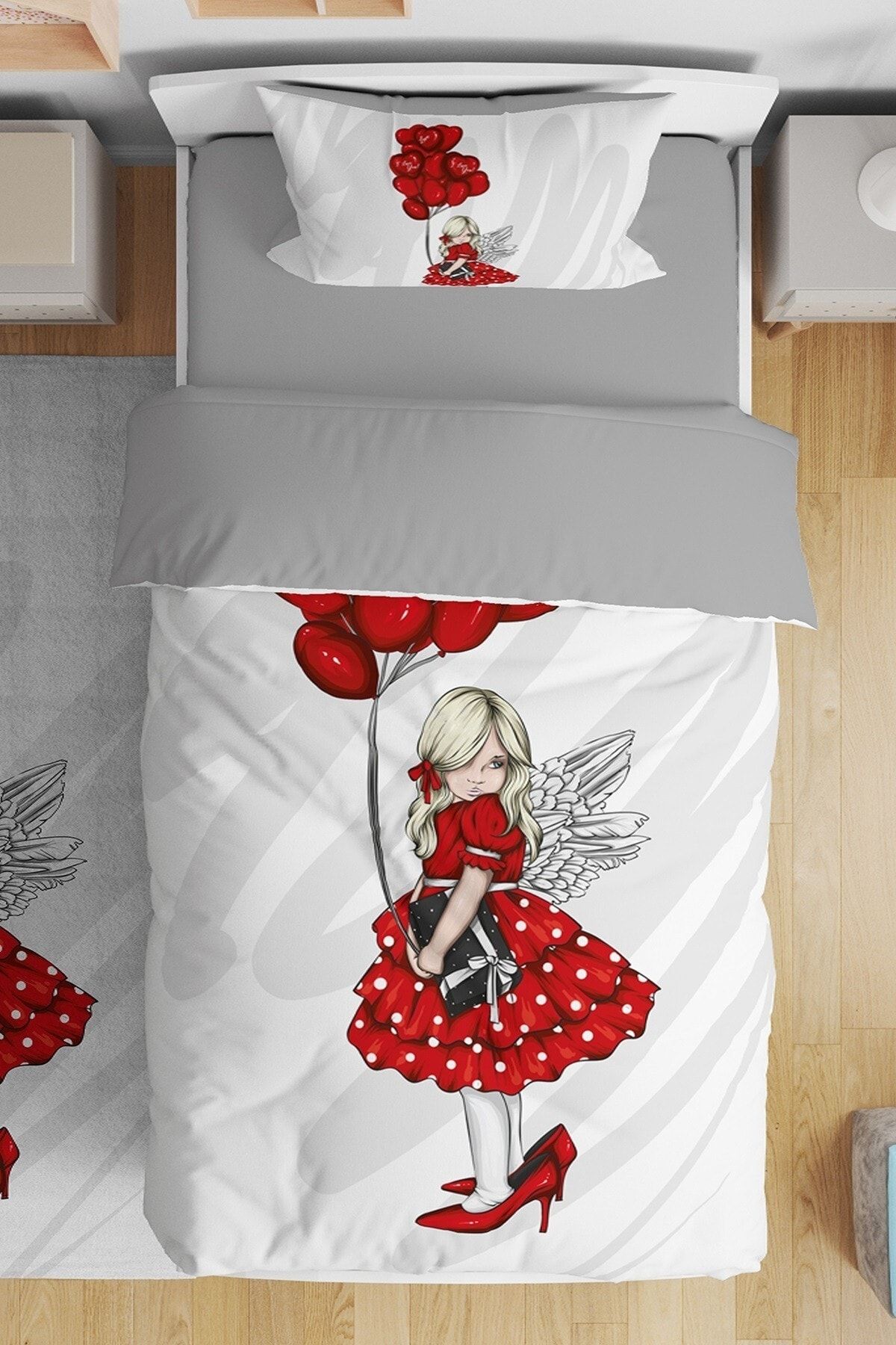 Evpanya Kırmızı Balonlu Küçük Kız Desenli Tek Kişilik Bebek Çocuk Nevresim Seti