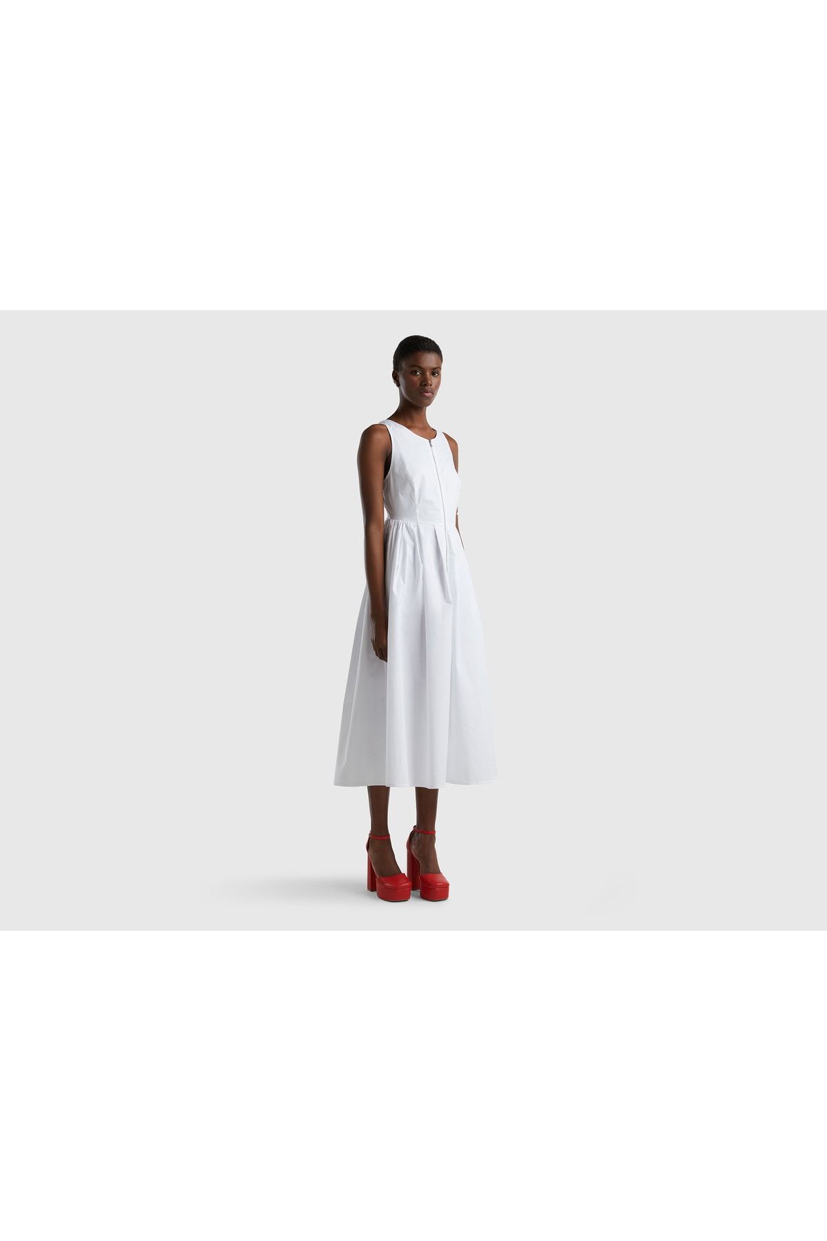 United Colors of Benetton Kadın Beyaz Önden Fermuarlı Uzun Popline Elbise Beyaz