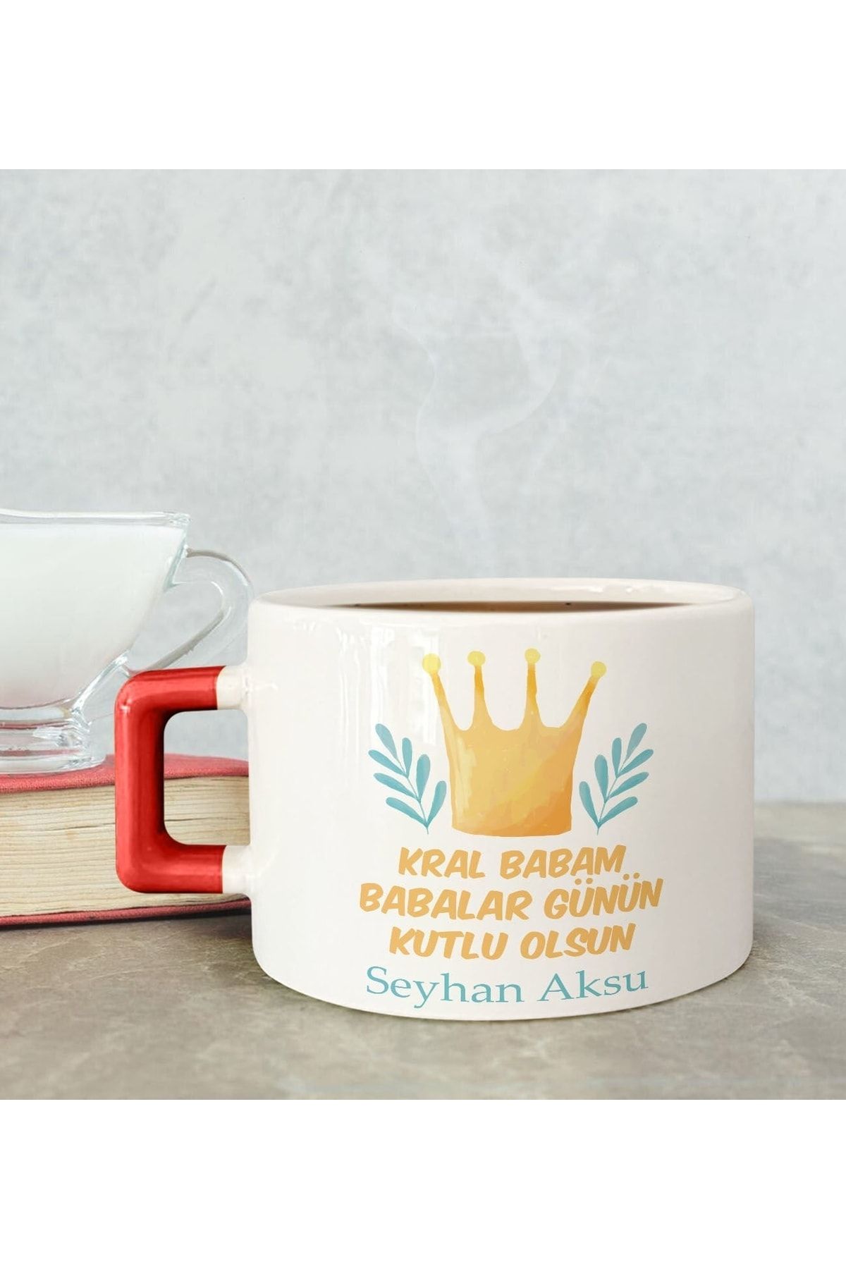Bk Gift Kişiye Özel Babalar Günü Tasarımlı Kırmızı Kulplu Çay & Kahve Fincanı-6, Babaya Hediye, Baba