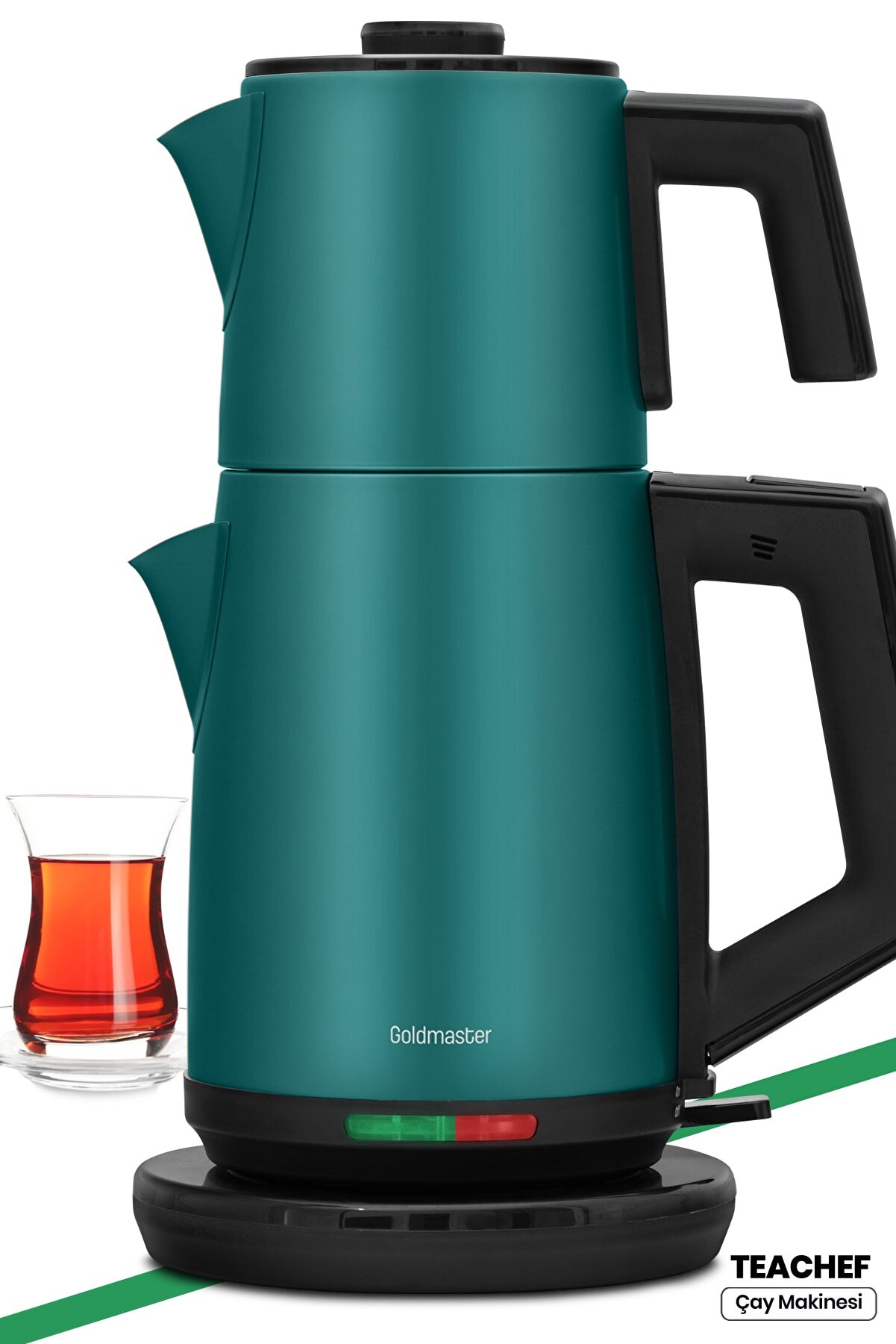 GoldMaster Teachef Yeşil 2200 Watt Paslanmaz Çelik Damlatmayan Tasarım Çelik Çay Makinesi Ve Su Isıtıcısı