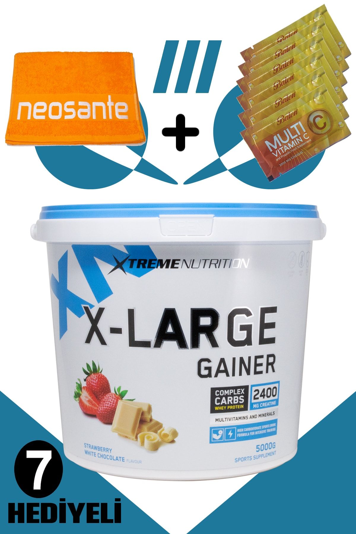 Xtreme Nutrition Xtreme X-Large Gainer 5000 gr (Çilek & Beyaz Çikolata) + 7 Hediyeli (Havlu + 6 Adet Multi C Saşe)