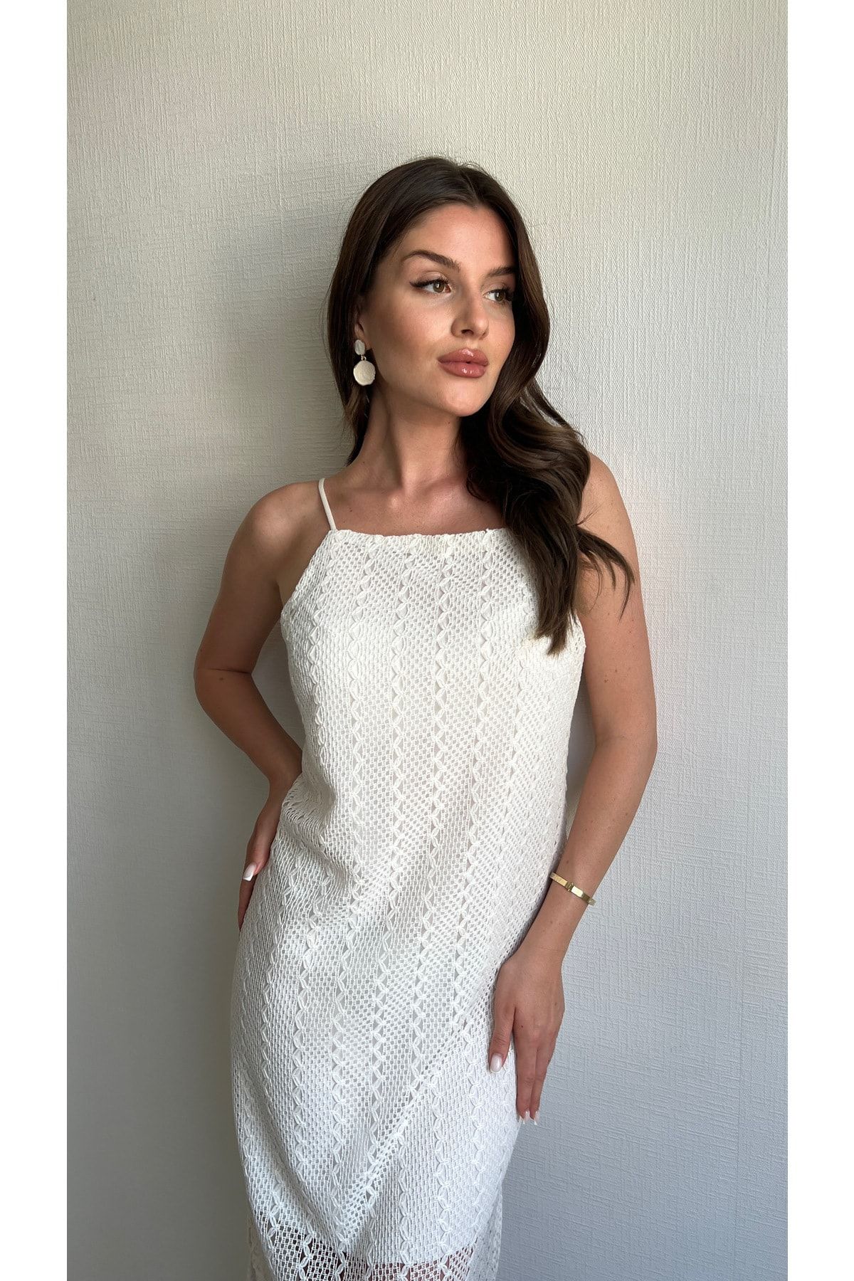 Julishop Kadın Ekru Beyaz Ip Askılı Astarlı Çift Yırtmaçlı File Örgü Tasarım Pamuk Yazlık Elbise
