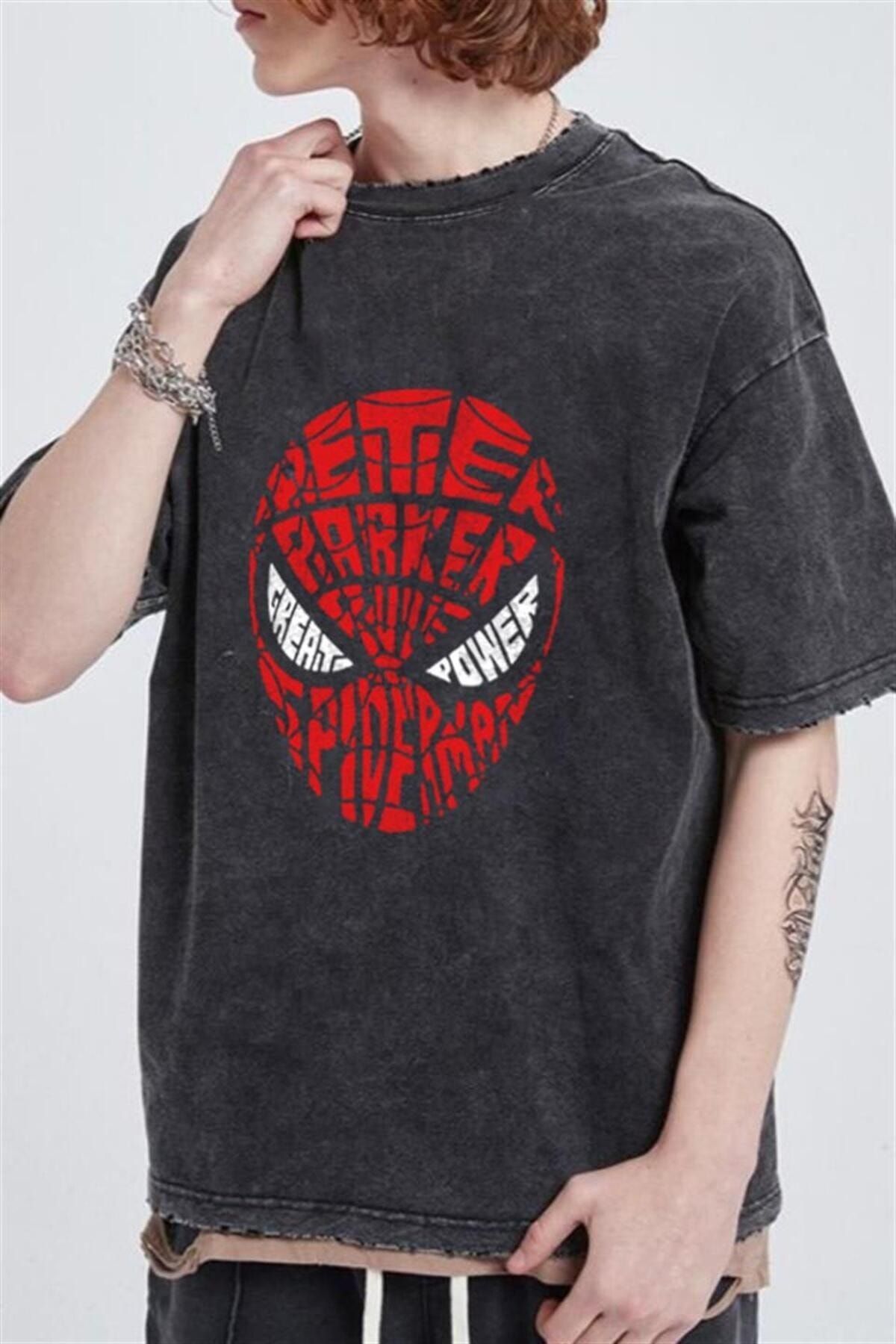 Gofeel Moda Yıkamalı Spider-man Head Baskılı Oversize Eskitme T-shirt