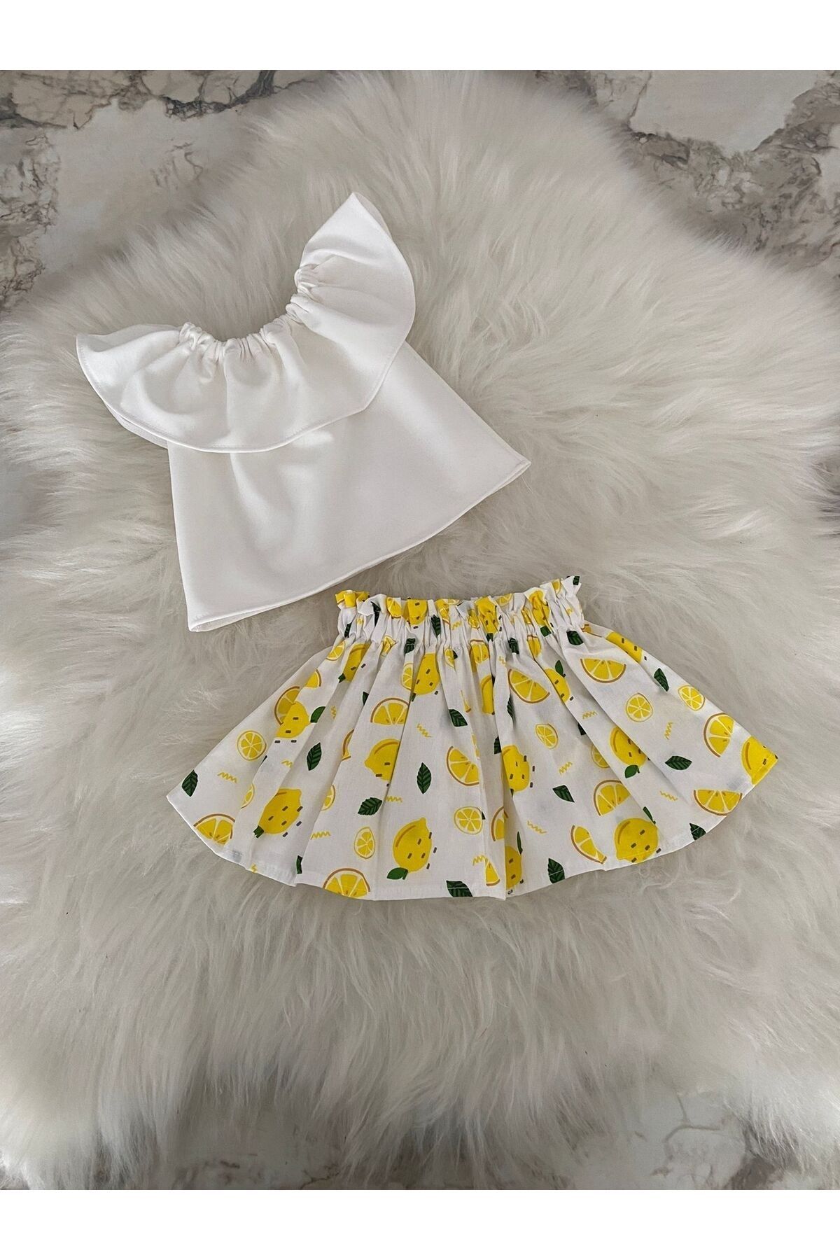 Moda Lina Kız Bebek Beyaz Bluz & Limon Desen Etek Takım
