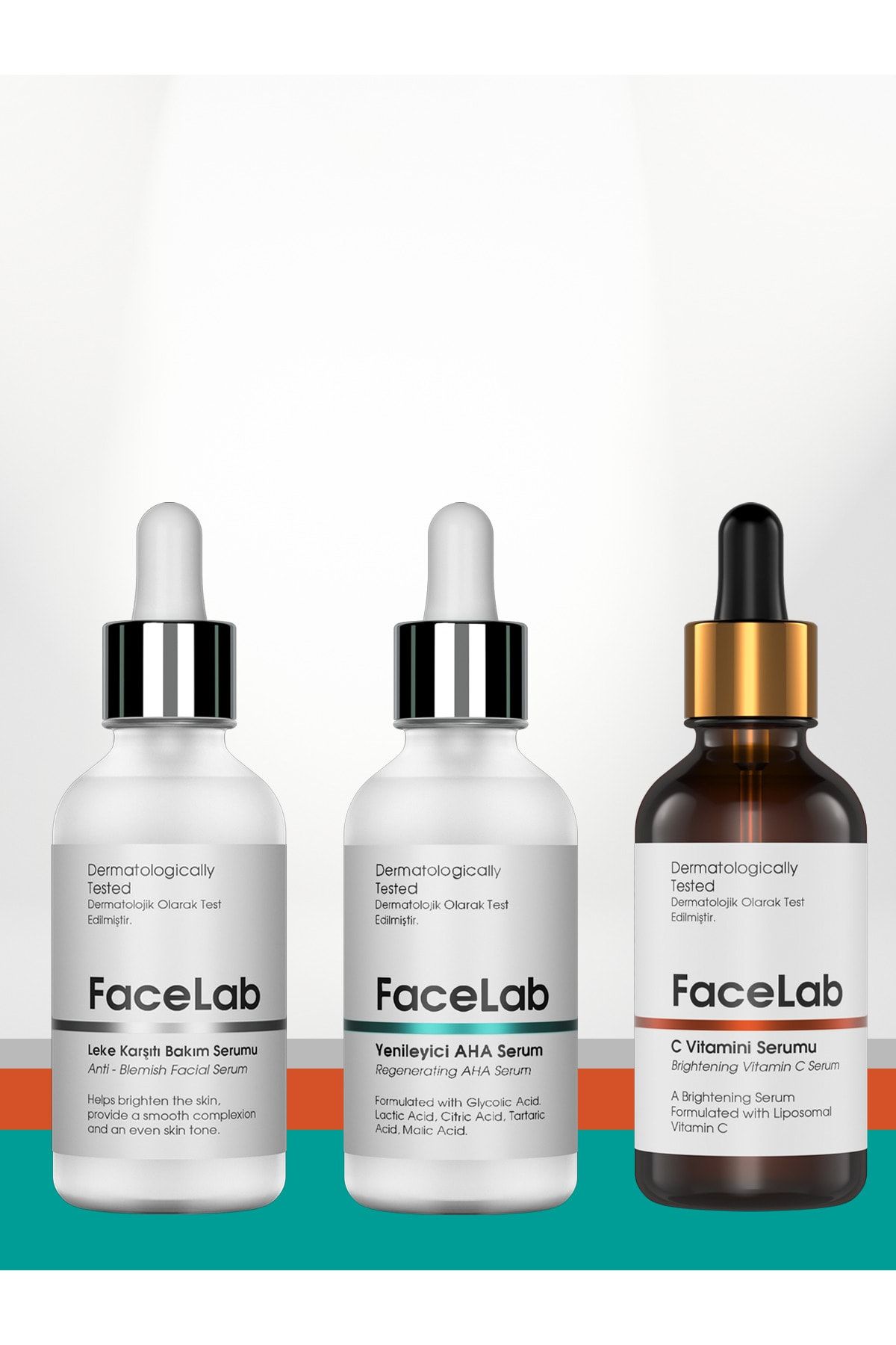 FaceLab 3'lü Cilt Bakım Seti - Yenileyici Aha Peeling Serum + C Vitamini Serum + Leke Karşıtı Serum 30 Ml