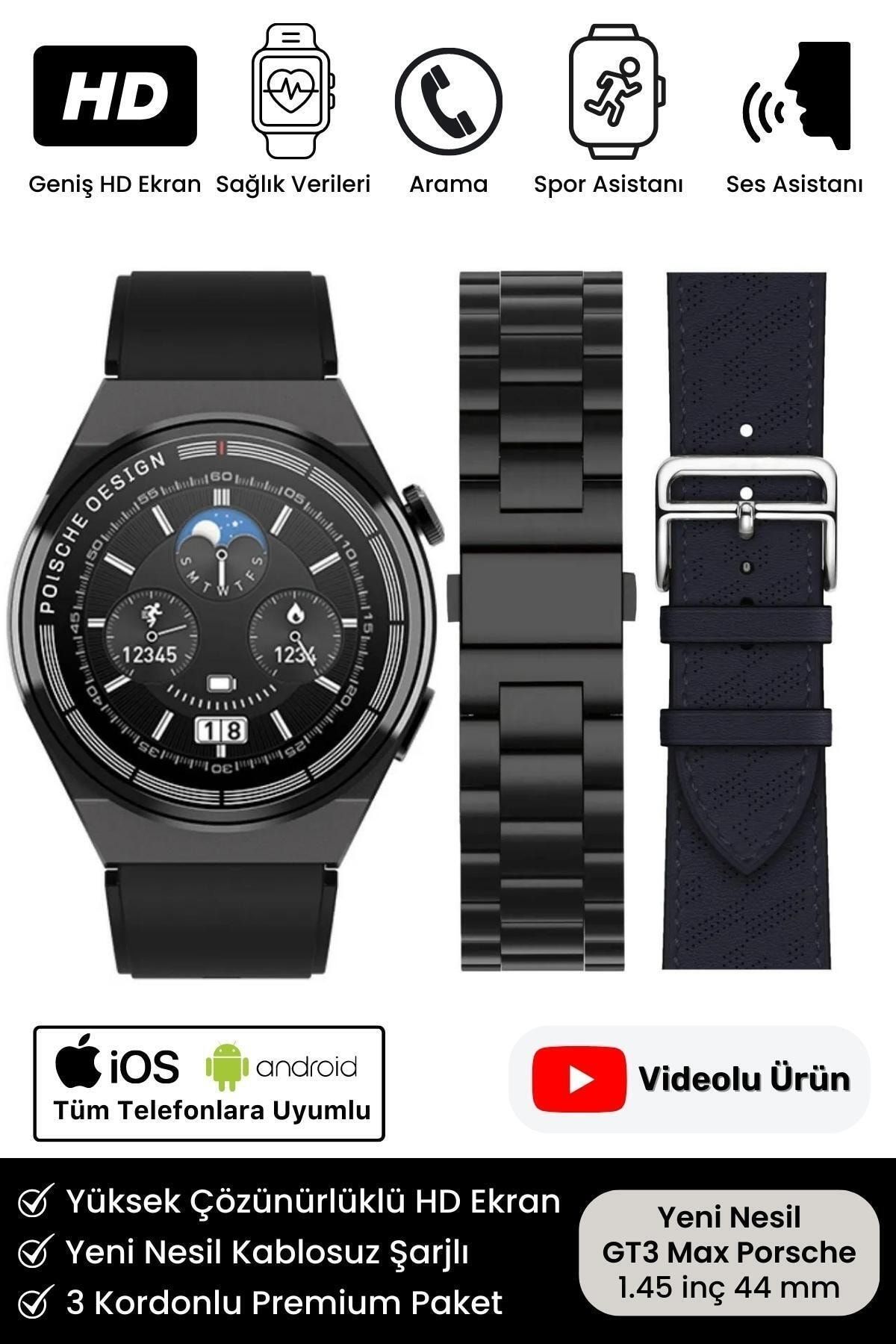 Noriyen Full HD 3 Kordonlu GT3 Max Premium Spor Sağlık Sensörlü Watch Ios Android Uyumlu Akıllı Saat