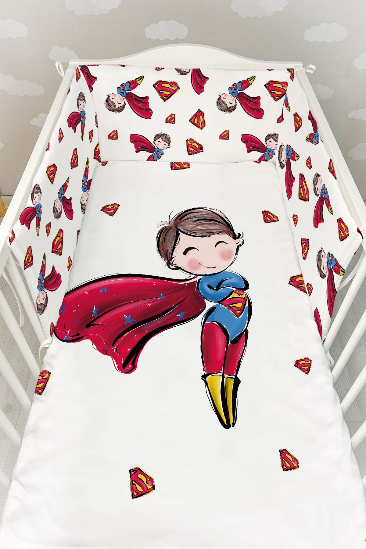 Tuğba Kuğu Bebek Başucu Koruyucu Ve Baskılı Çarşaflı Uyku Seti - For Baby Serisi - Superman