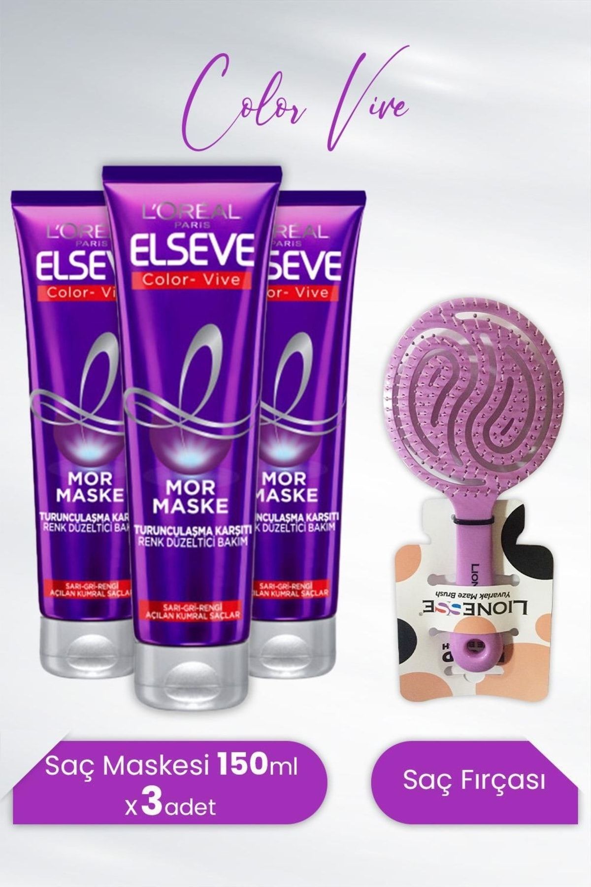 Elseve Color Vive Mor Maske Turunculaşma Karşıtı 150 Ml X 3 Adet Ve Tarko Lionesse Saç Fırçası Yuva