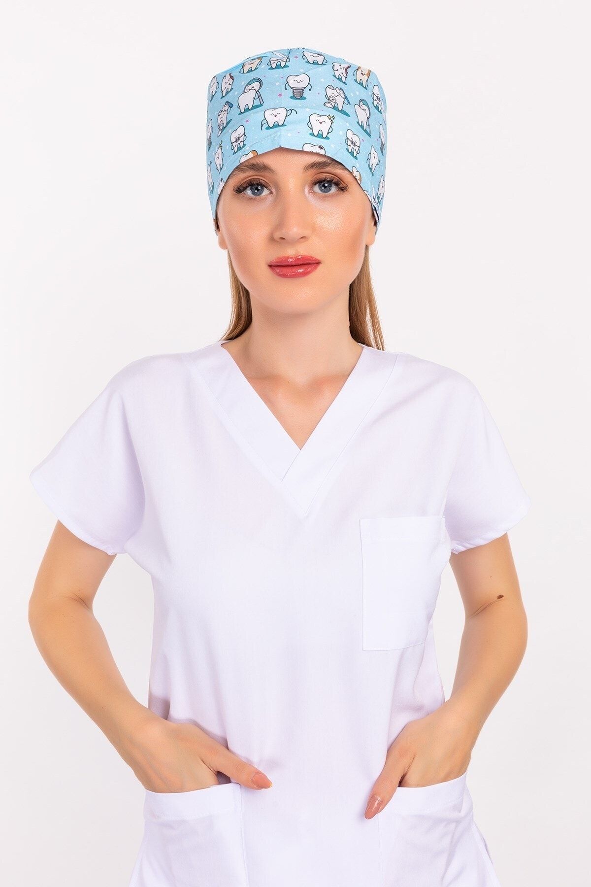 Nur Medikal Giyim Kadın Master Likra Mavi Diş Desenli Doktor Hemşire Hastane Diş Hekimi Cerrahi Bone