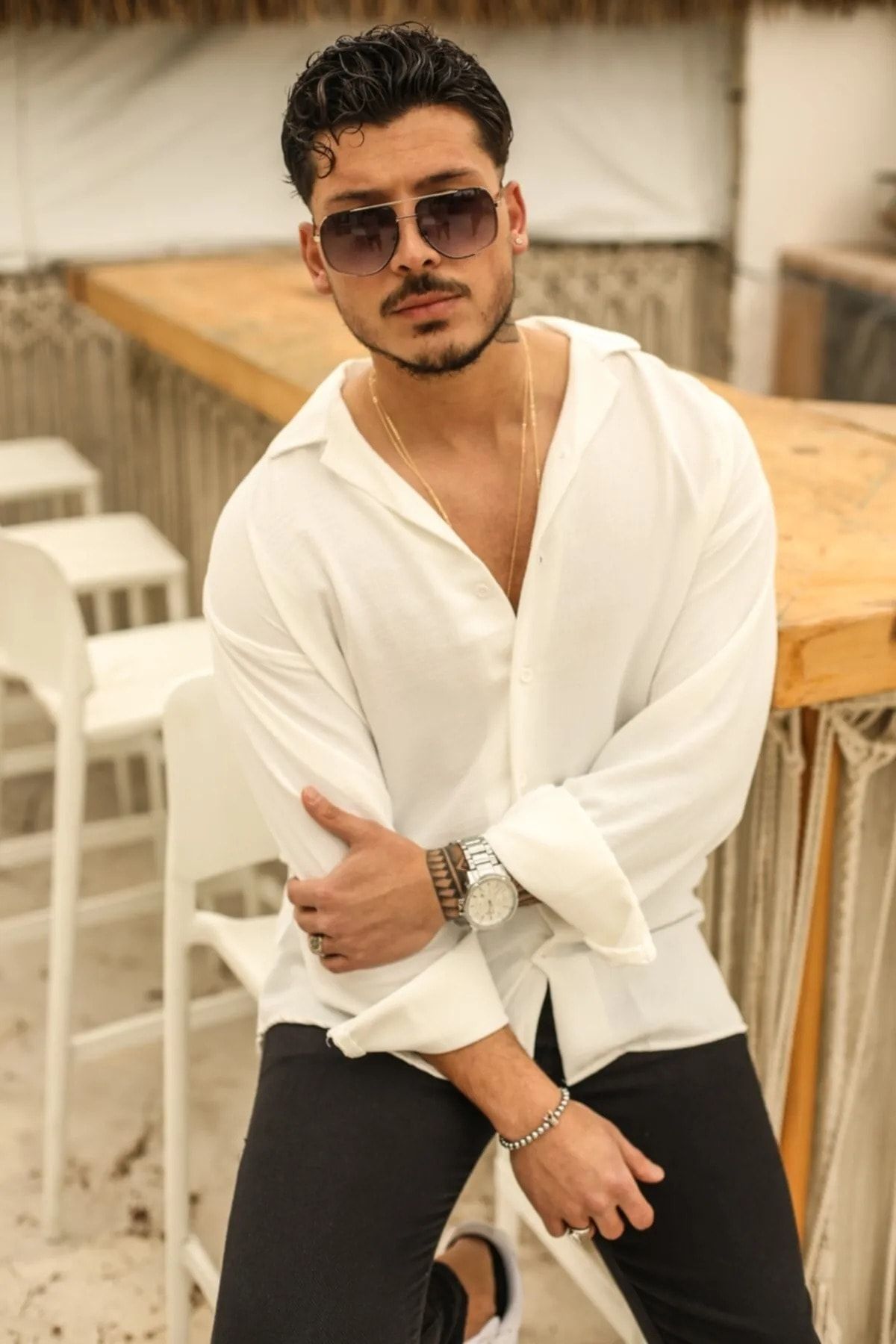 byata.style Erkek Beyaz Keten Bol Kalıp Dokulu Oversize Yazlık Gömlek - Keten Erkek Gömlek