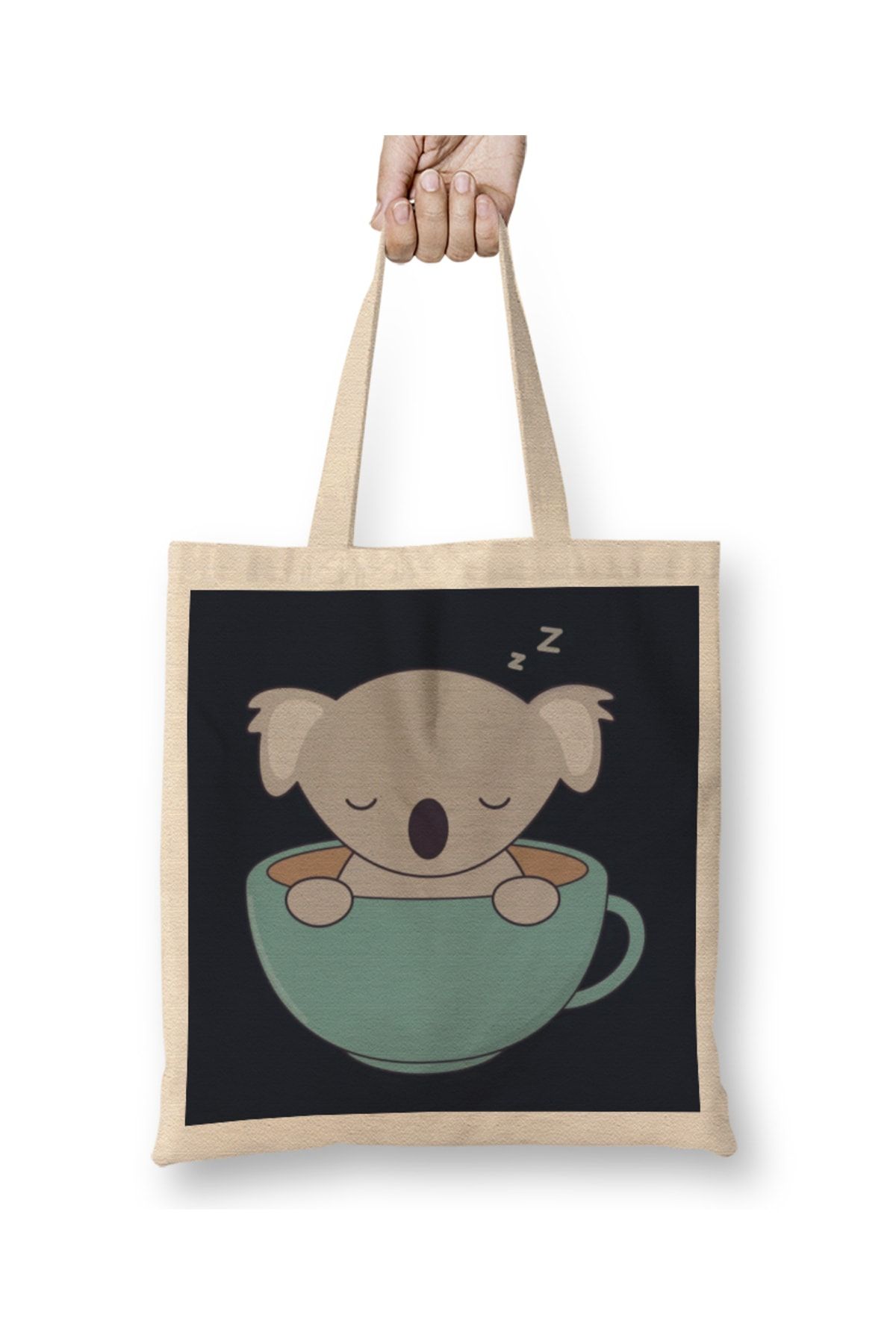Baskı Dükkanı Kawaii Cute Koala Bear With Coffee Bez Çanta Uzun Saplı