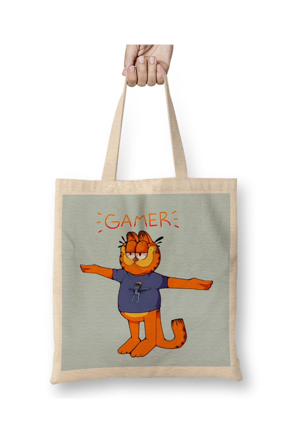 Baskı Dükkanı Gamer Garfield Crazy Frog T Pose Bez Çanta Uzun Saplı