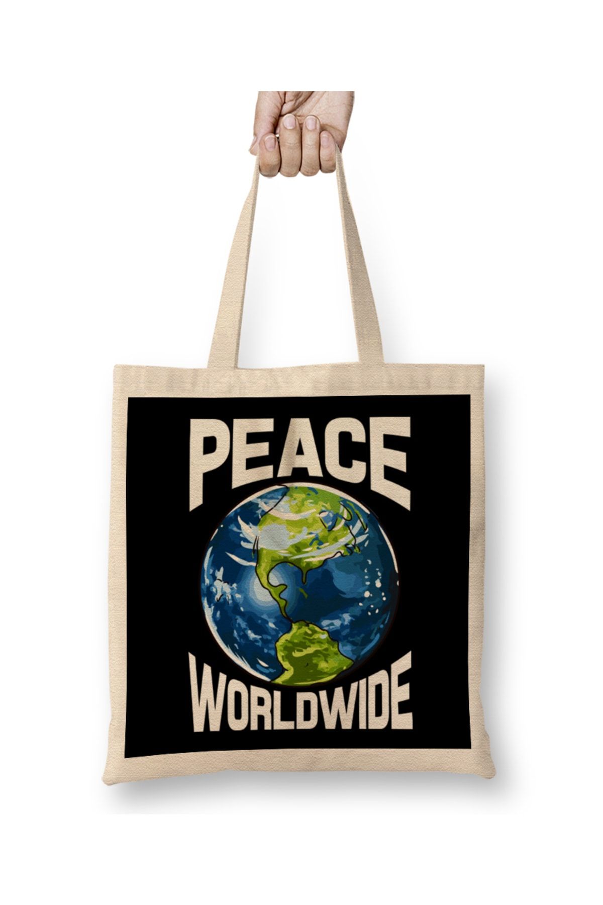 Baskı Dükkanı Peace Worldwide Mother Earth Pacifist Hipster Bez Çanta Uzun Saplı