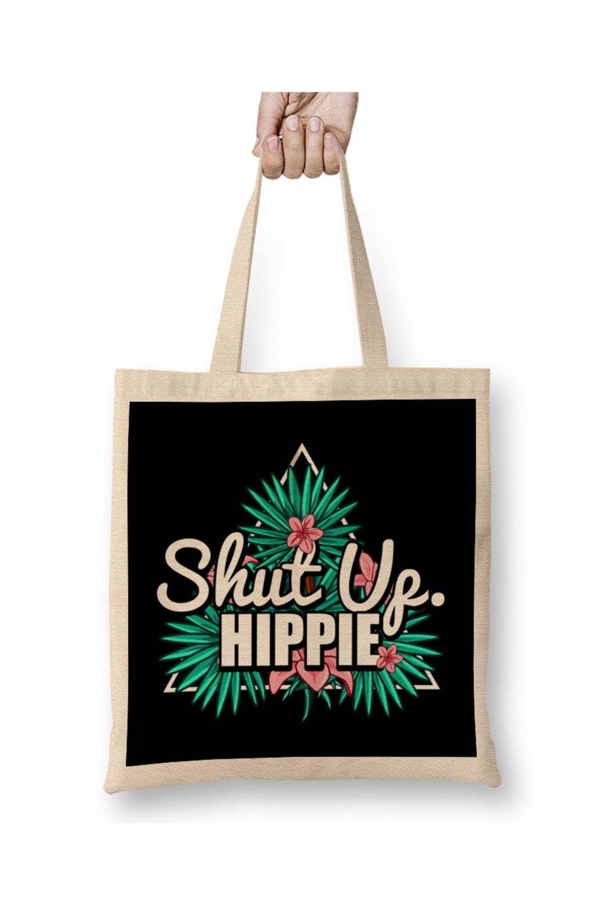 Baskı Dükkanı Cute & Funny Shut Up Hippie Anti Hipster Bez Çanta Uzun Saplı